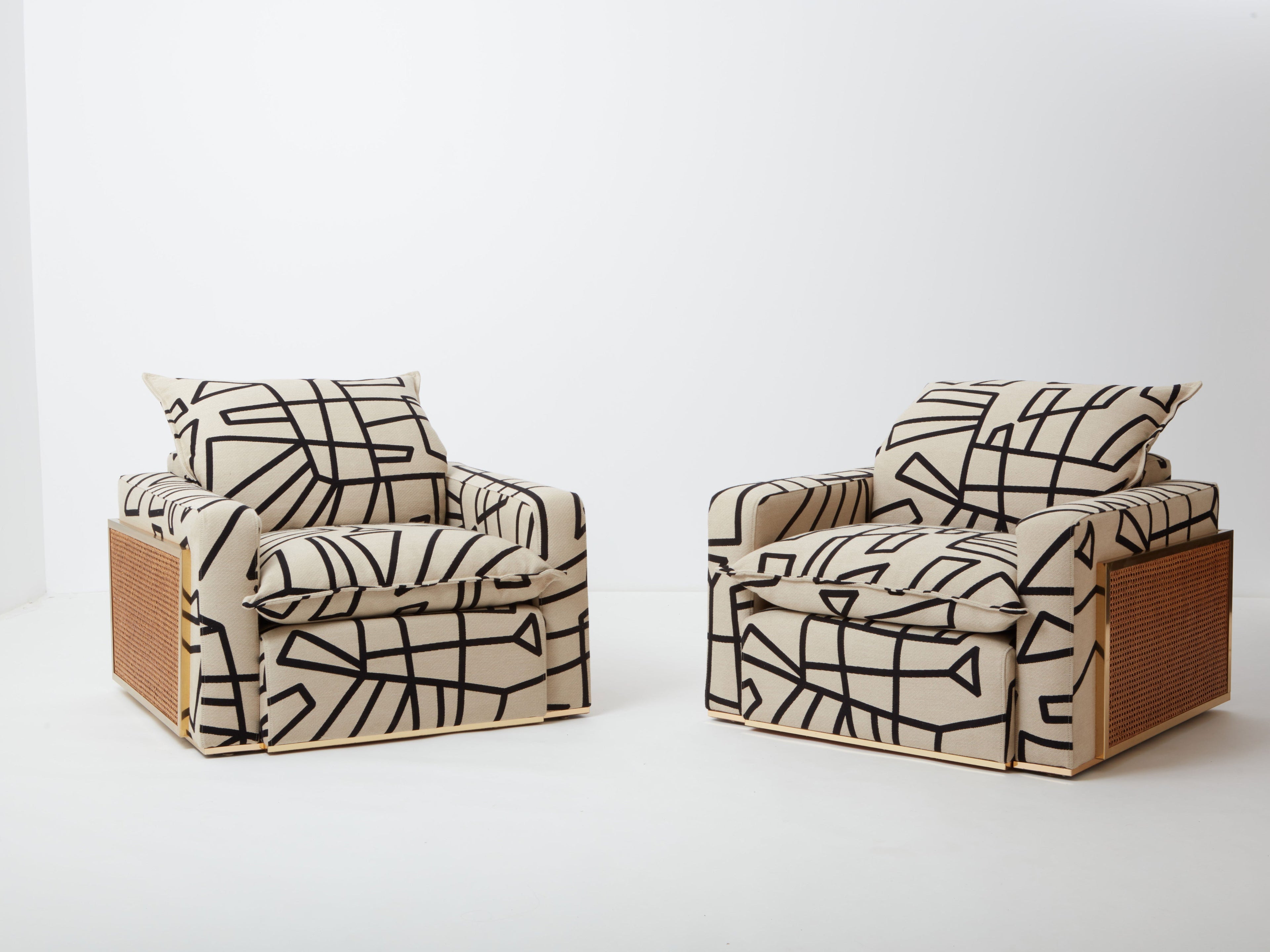 Pair of Nucci Valsecchi cane brass upholstered armchairs 1970s