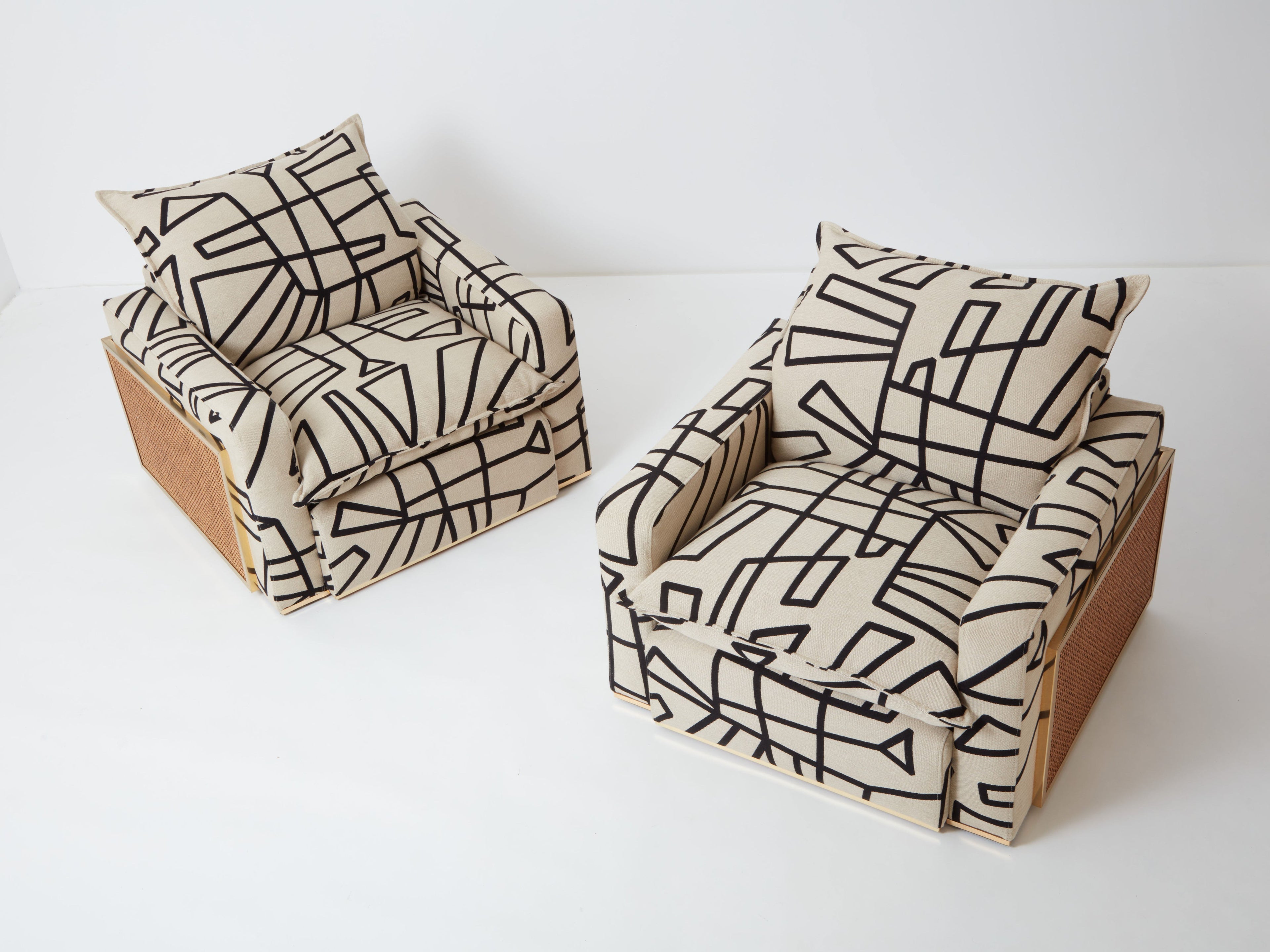 Pair of Nucci Valsecchi cane brass upholstered armchairs 1970s