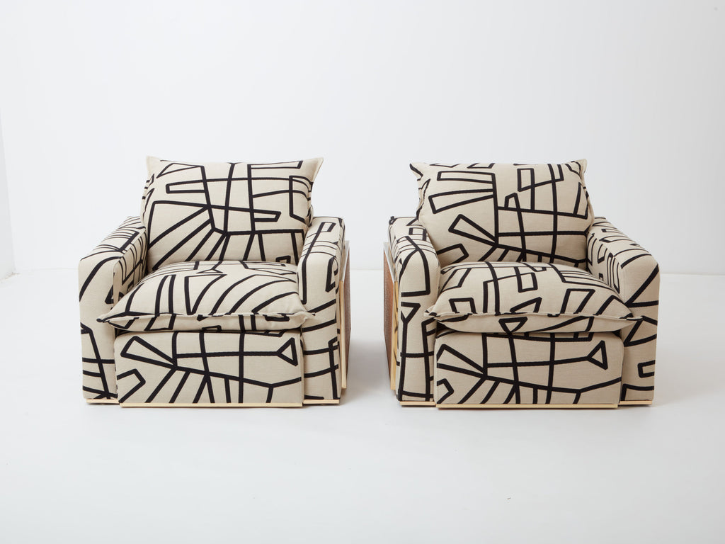 Pair of Nucci Valsecchi cane brass upholstered armchairs 1970s