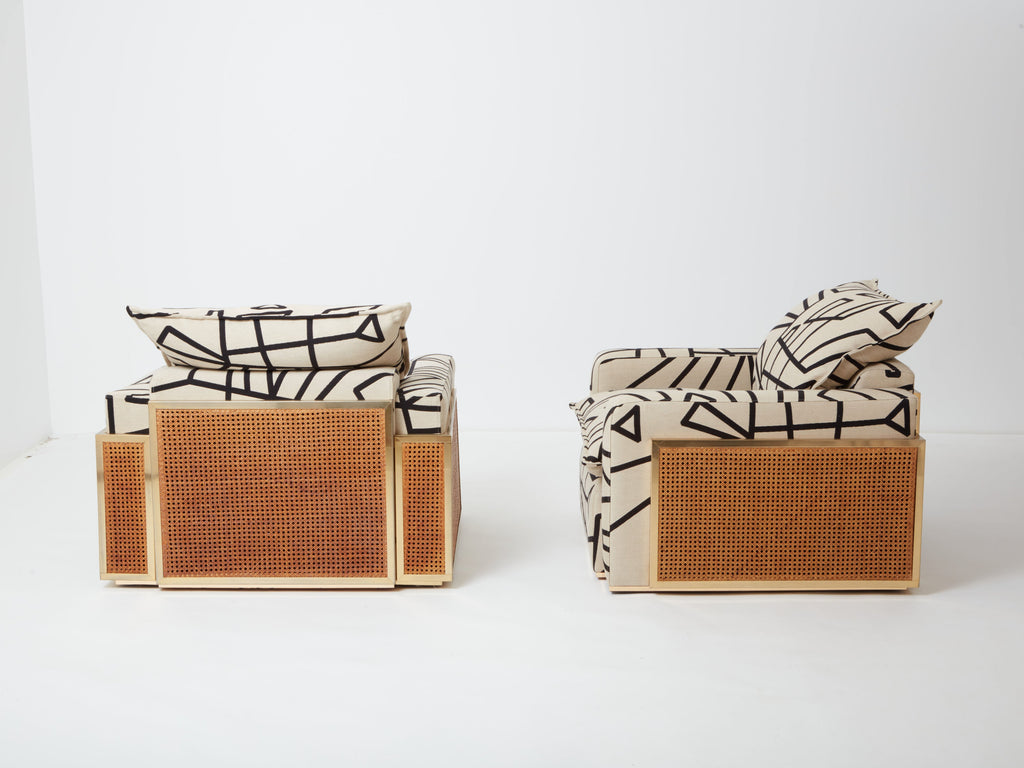 Pair of Nucci Valsecchi cane brass upholstered armchairs 1970s