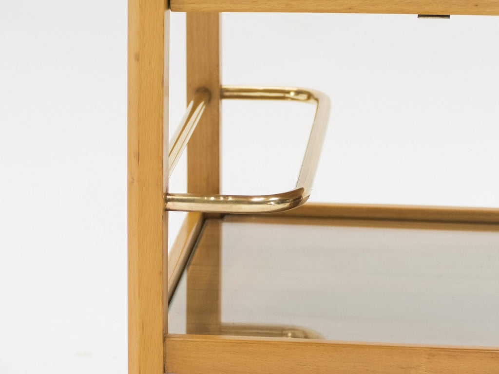 Rare Jacques Adnet art deco beechwood brass bar cart trolley 1940s