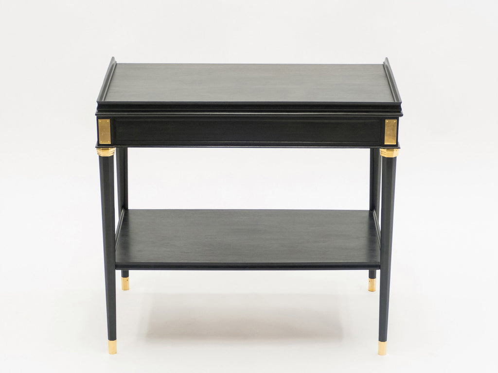 Rare Pair of stamped Maison Jansen black wood brass end tables 1950s