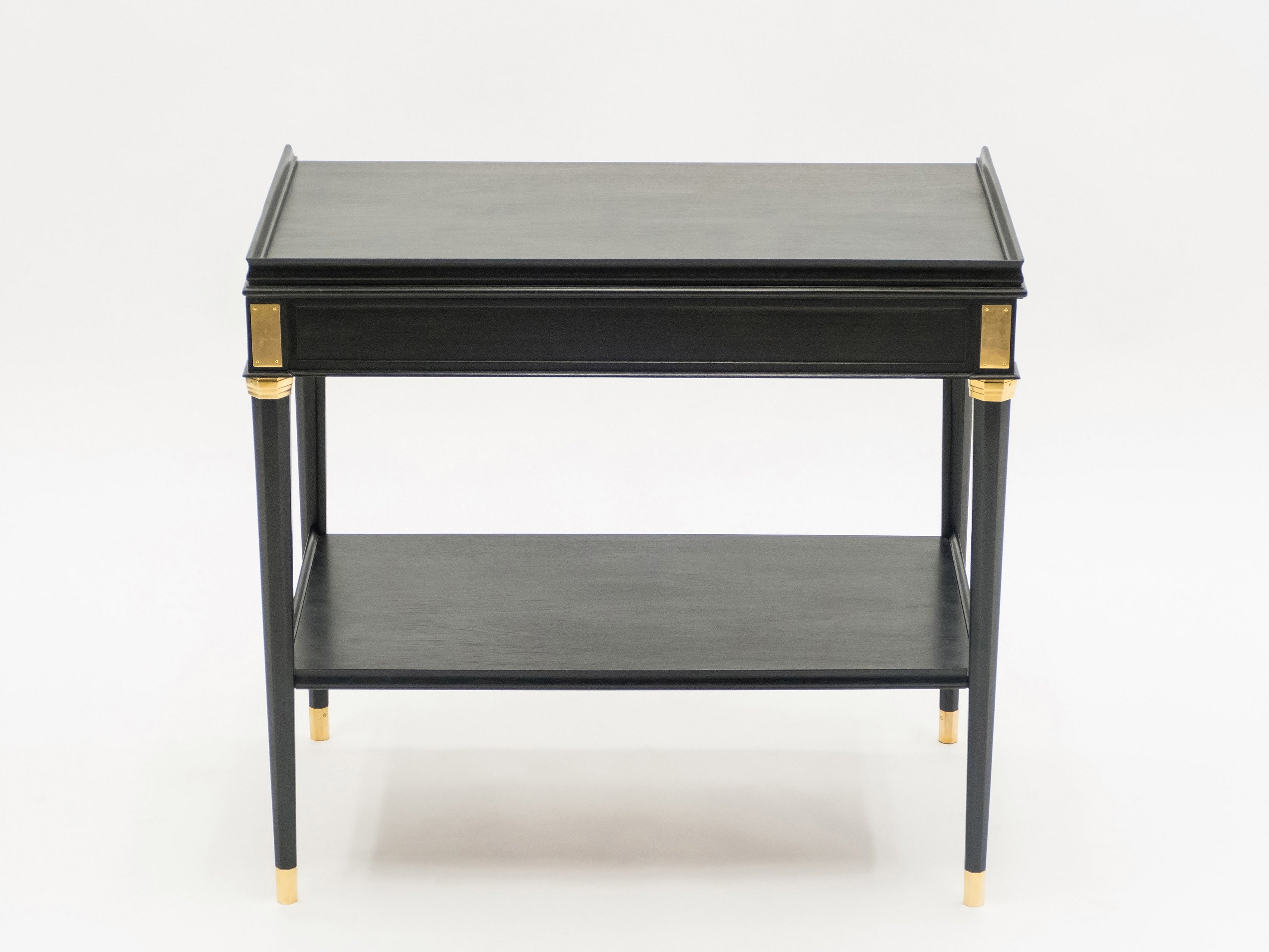 Rare Pair of stamped Maison Jansen black wood brass end tables 1950s