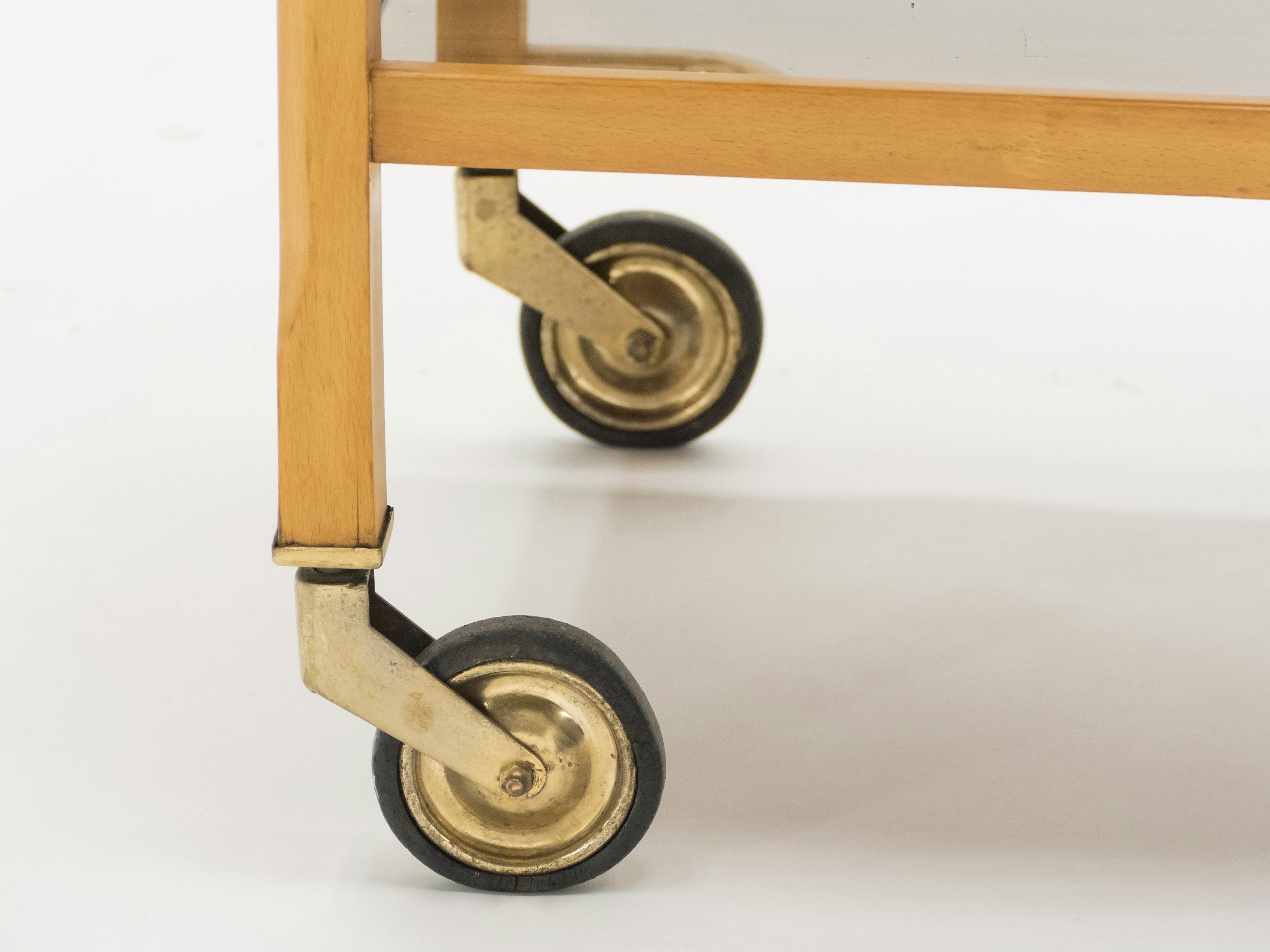 Rare Jacques Adnet art deco beechwood brass bar cart trolley 1940s