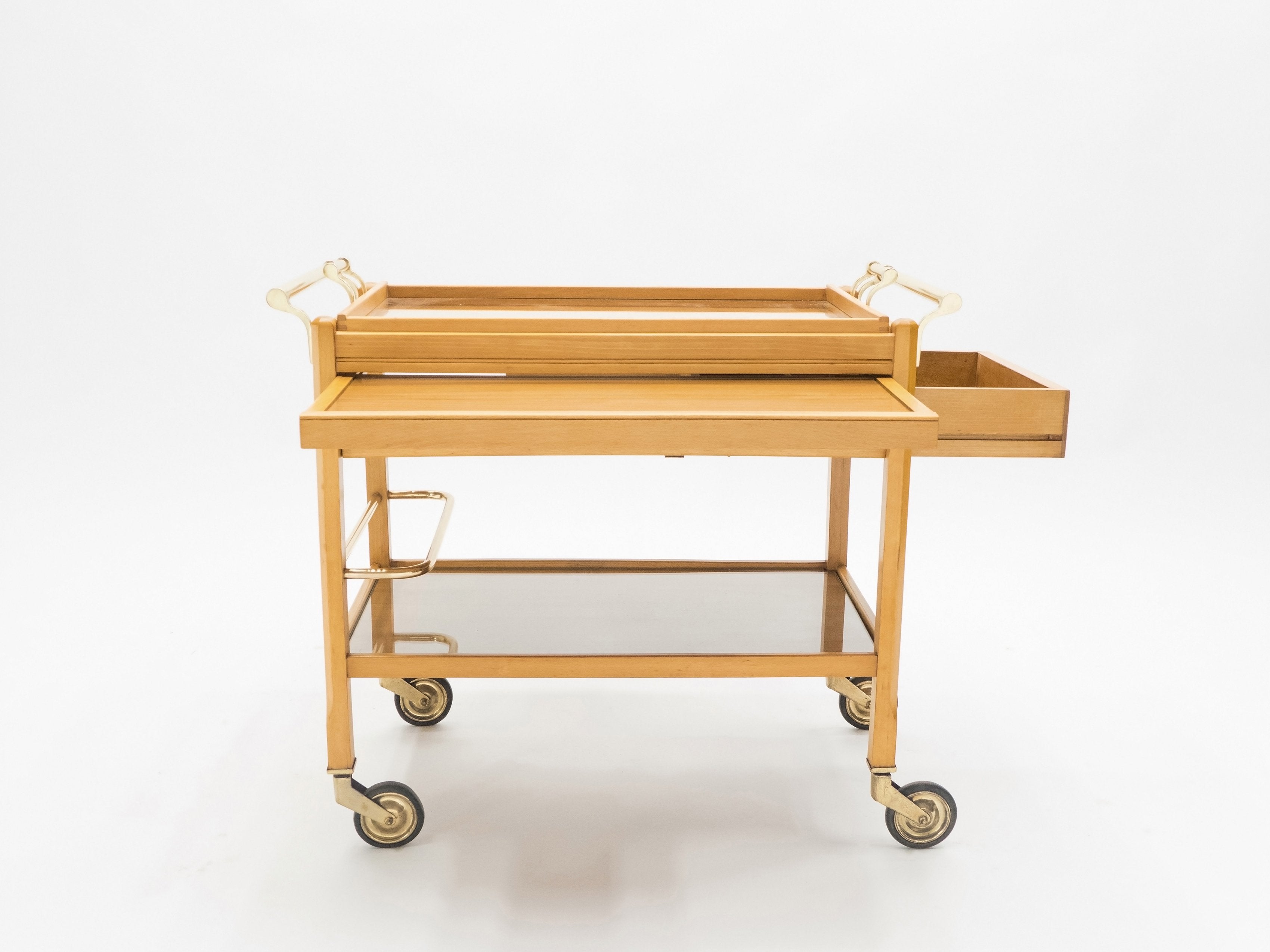 Rare Jacques Adnet art deco beechwood brass bar cart trolley 1940s