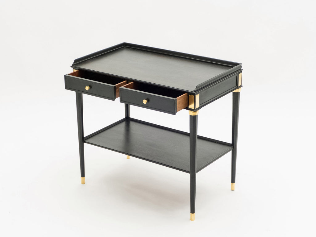 Rare Pair of stamped Maison Jansen black wood brass end tables 1950s