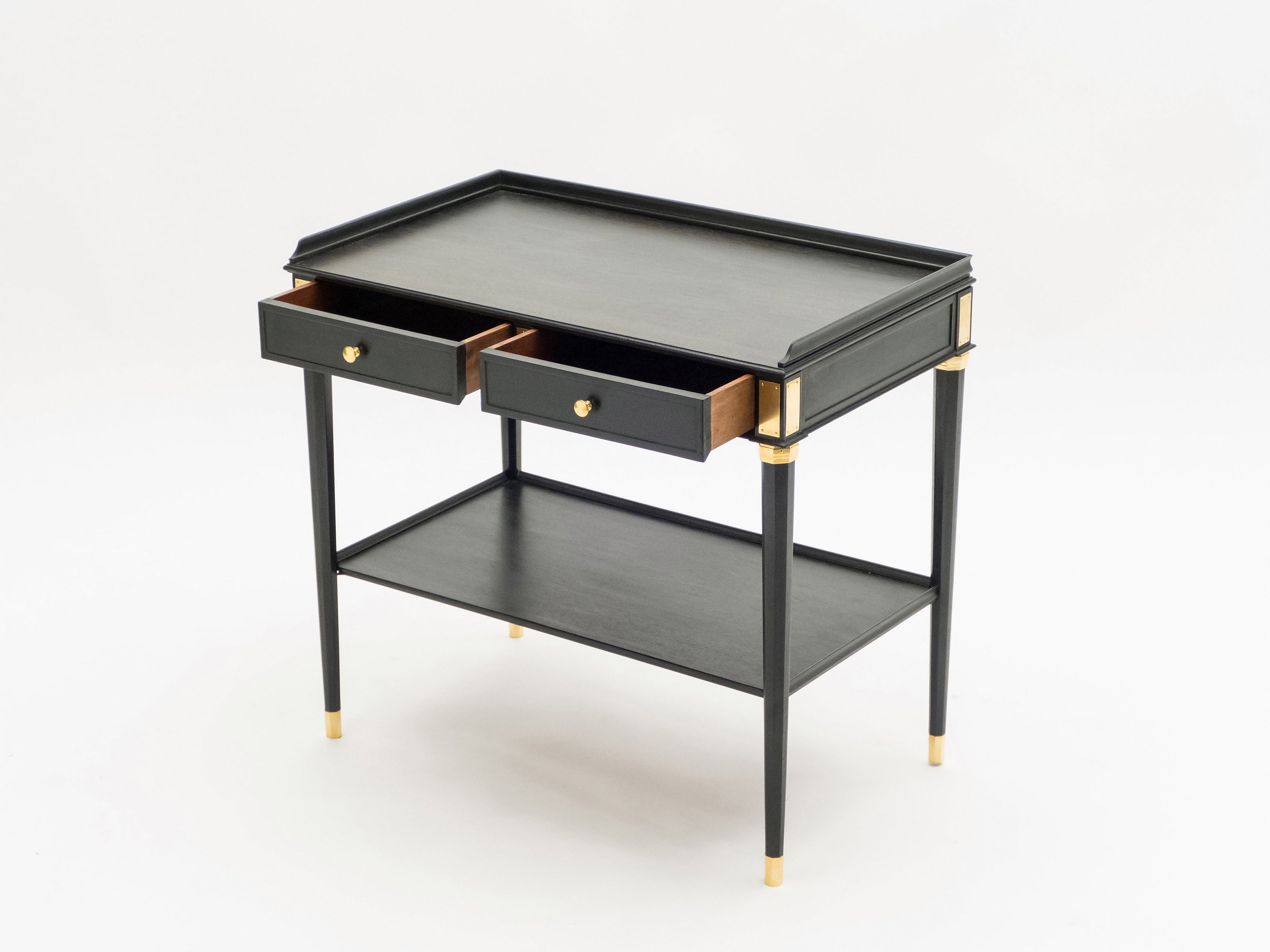 Rare Pair of stamped Maison Jansen black wood brass end tables 1950s