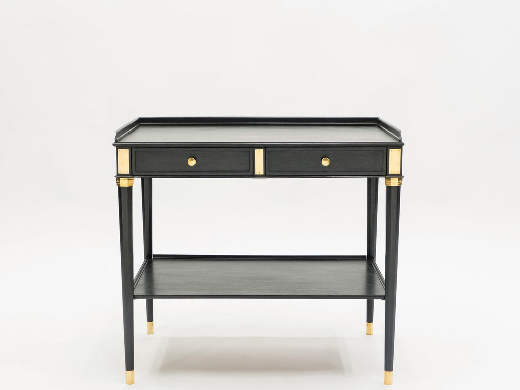 Rare Pair of stamped Maison Jansen black wood brass end tables 1950s