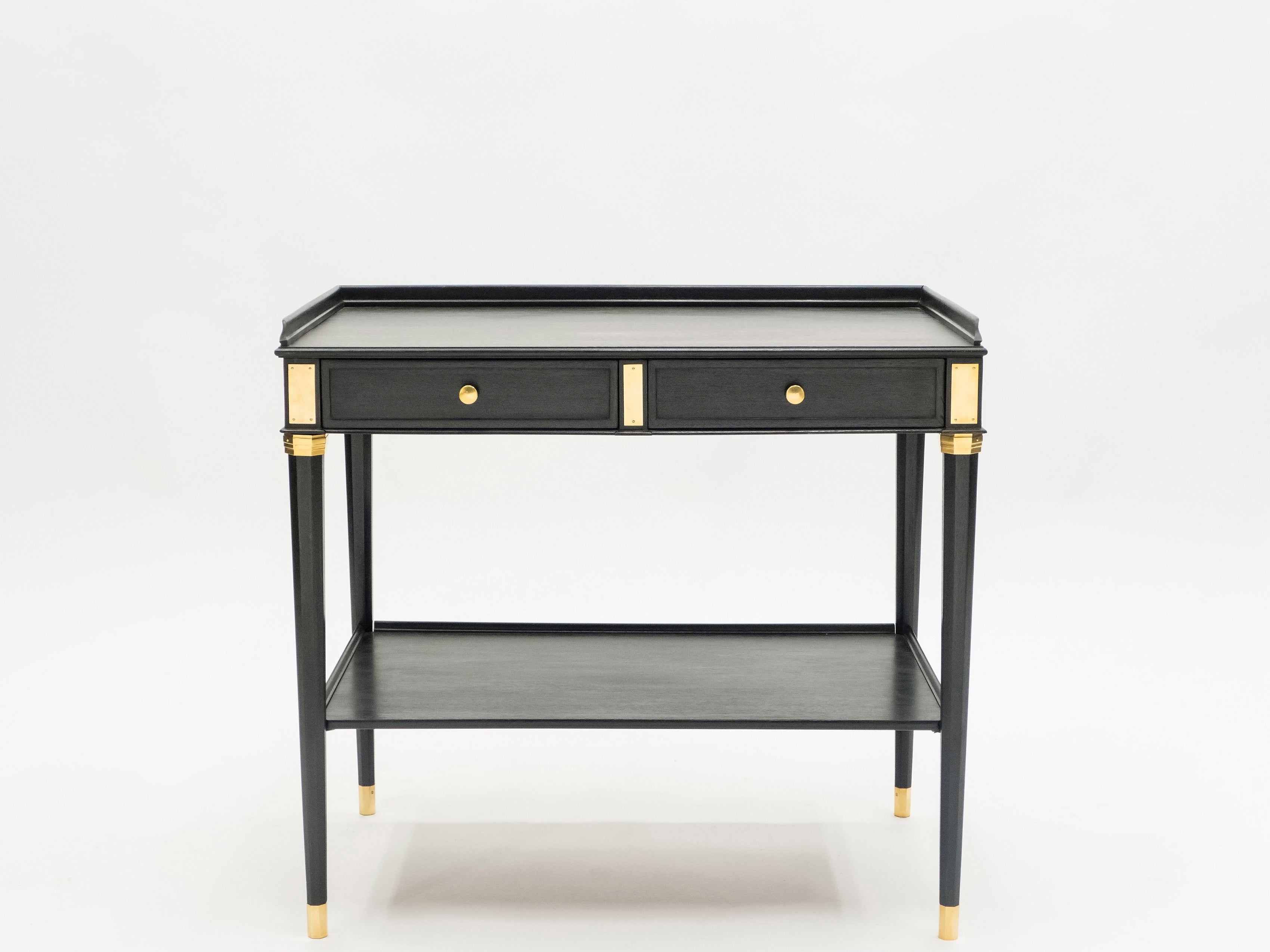 Rare Pair of stamped Maison Jansen black wood brass end tables 1950s