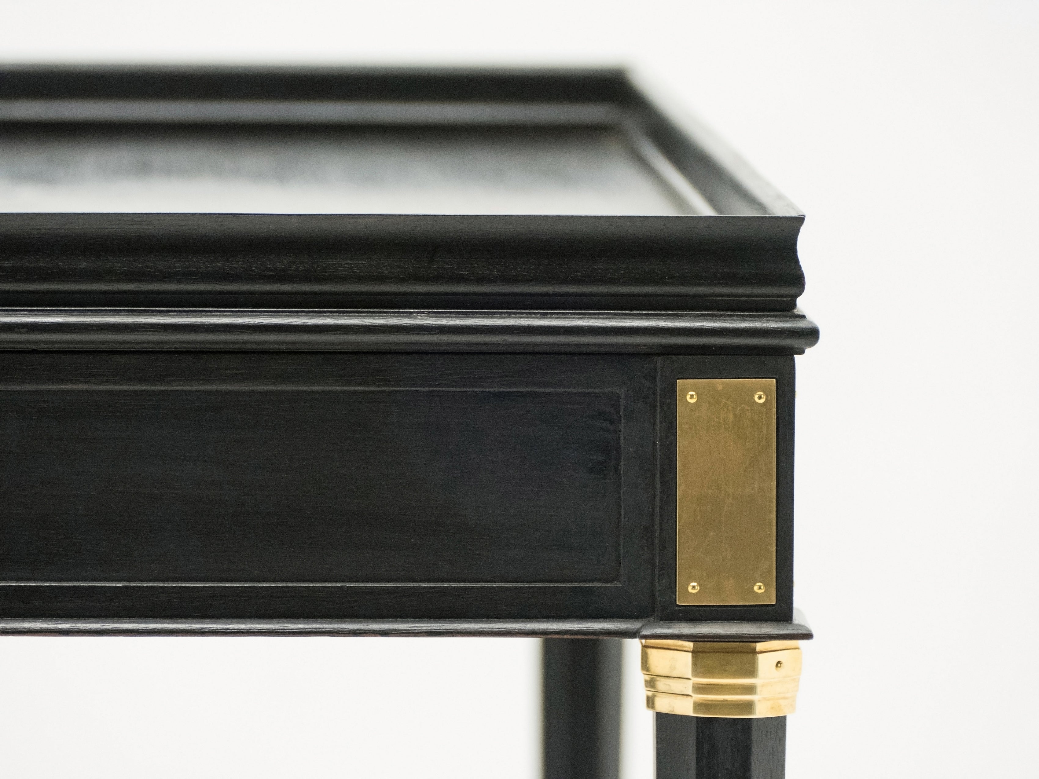 Rare Pair of stamped Maison Jansen black wood brass end tables 1950s