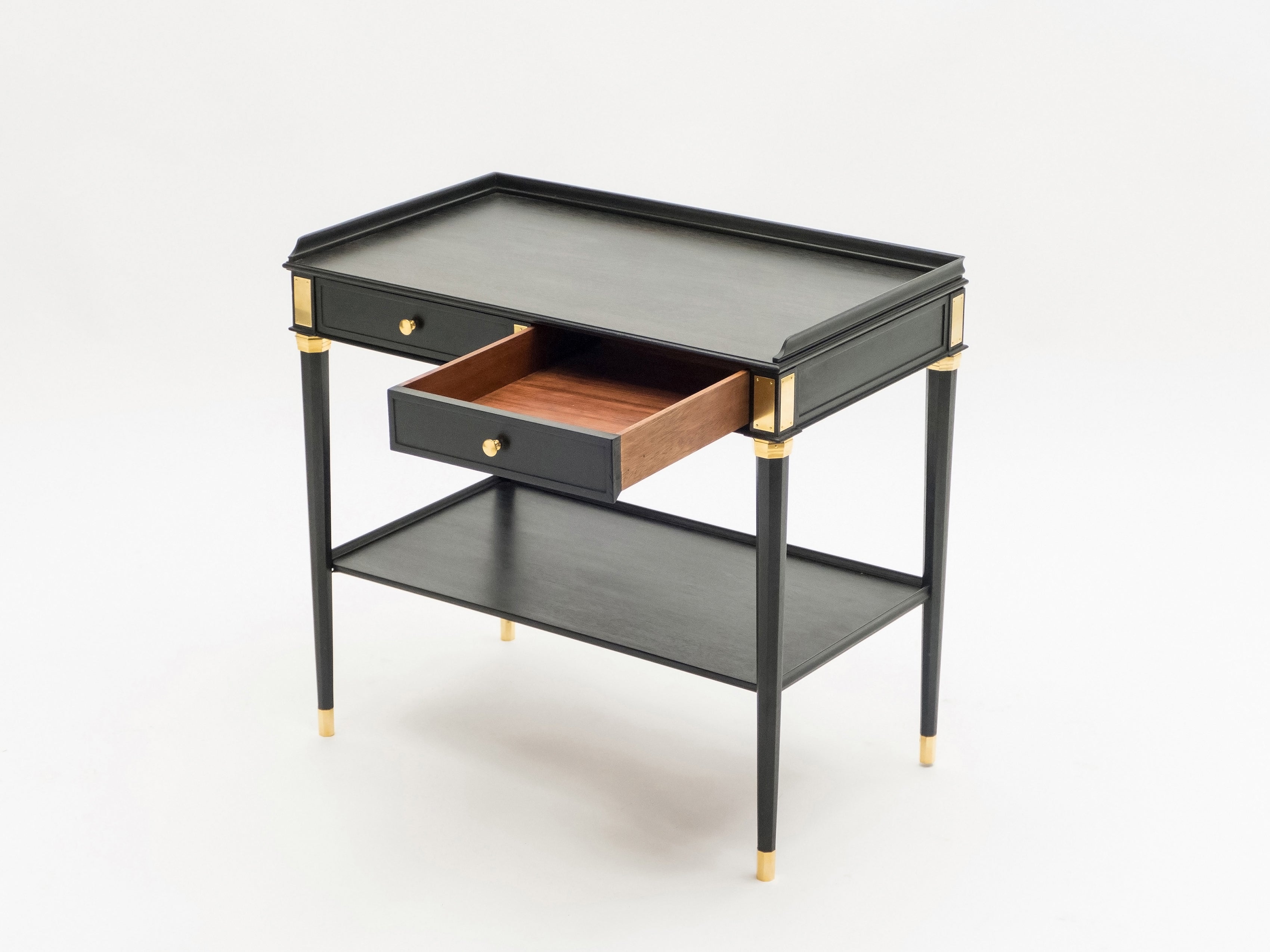 Rare Pair of stamped Maison Jansen black wood brass end tables 1950s
