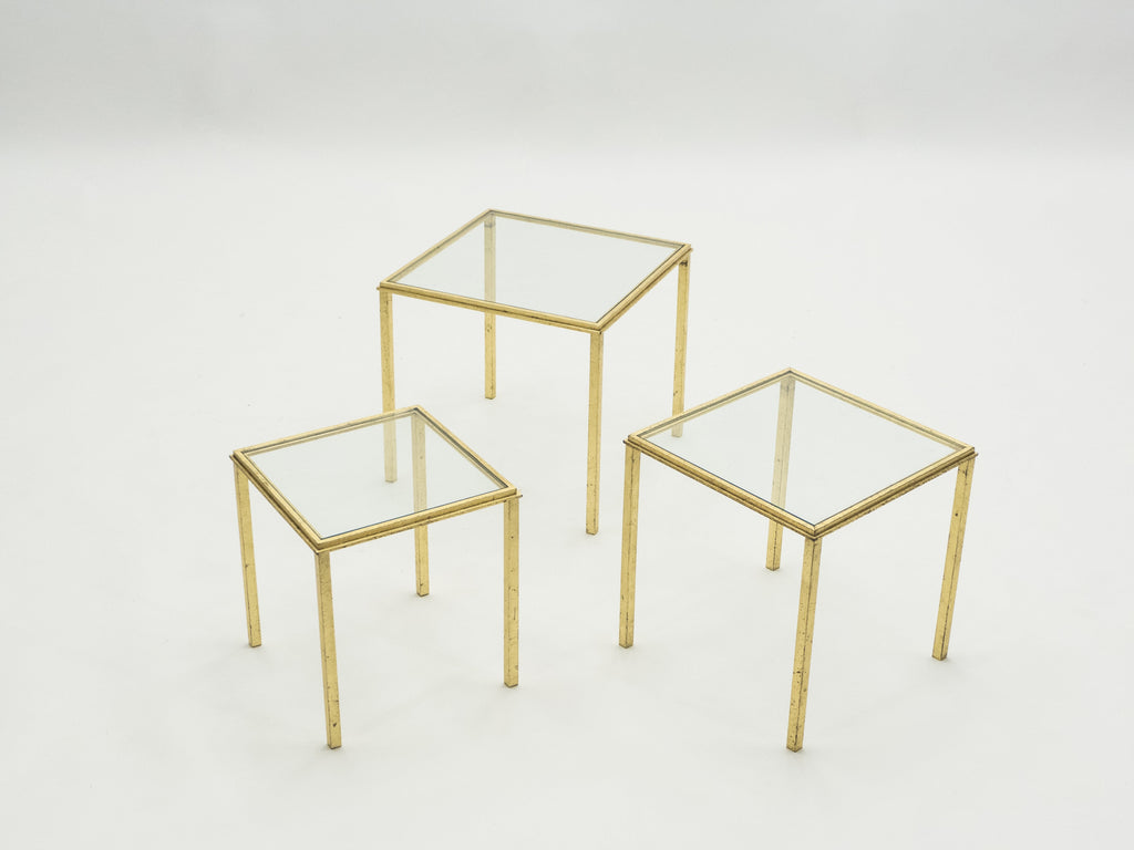 Mid-century Roger Thibier gilt wrought iron gold leaf nesting tables 1960s