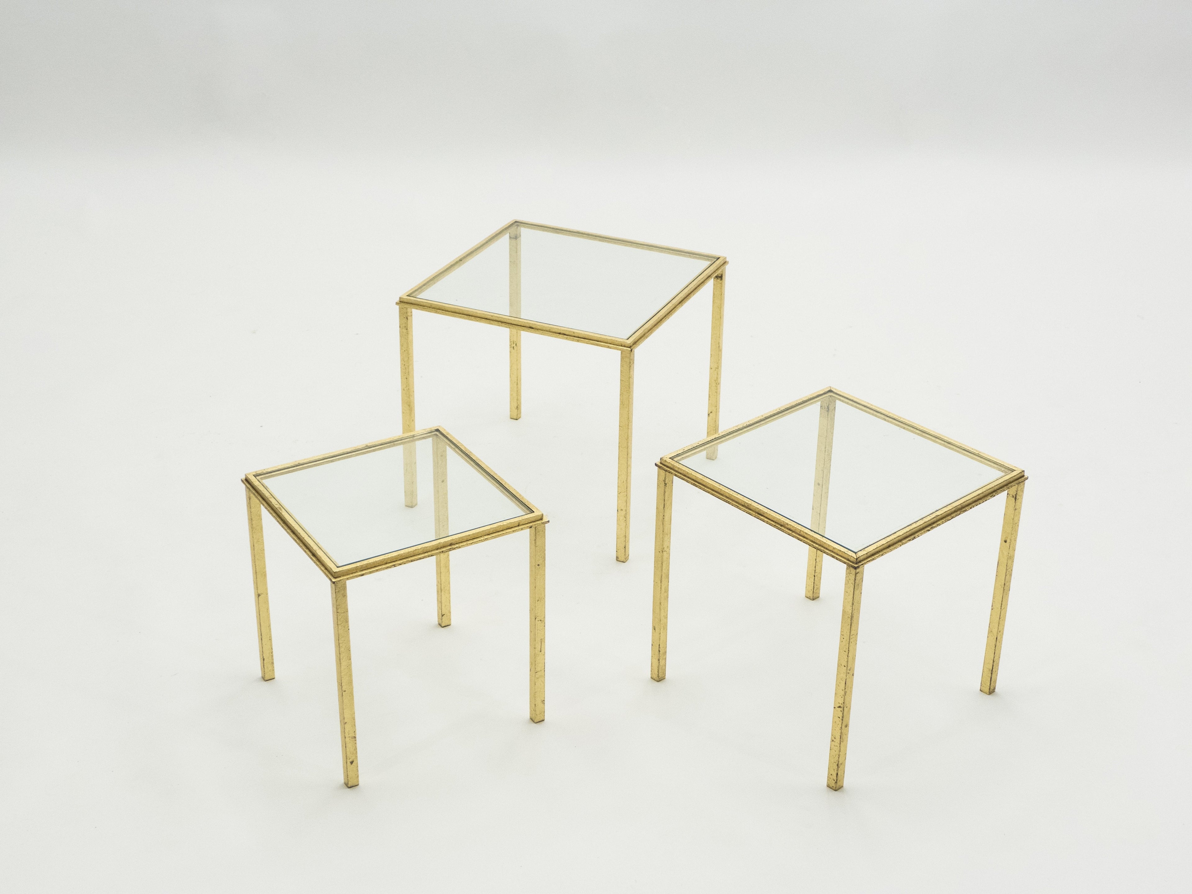 Mid-century Roger Thibier gilt wrought iron gold leaf nesting tables 1960s