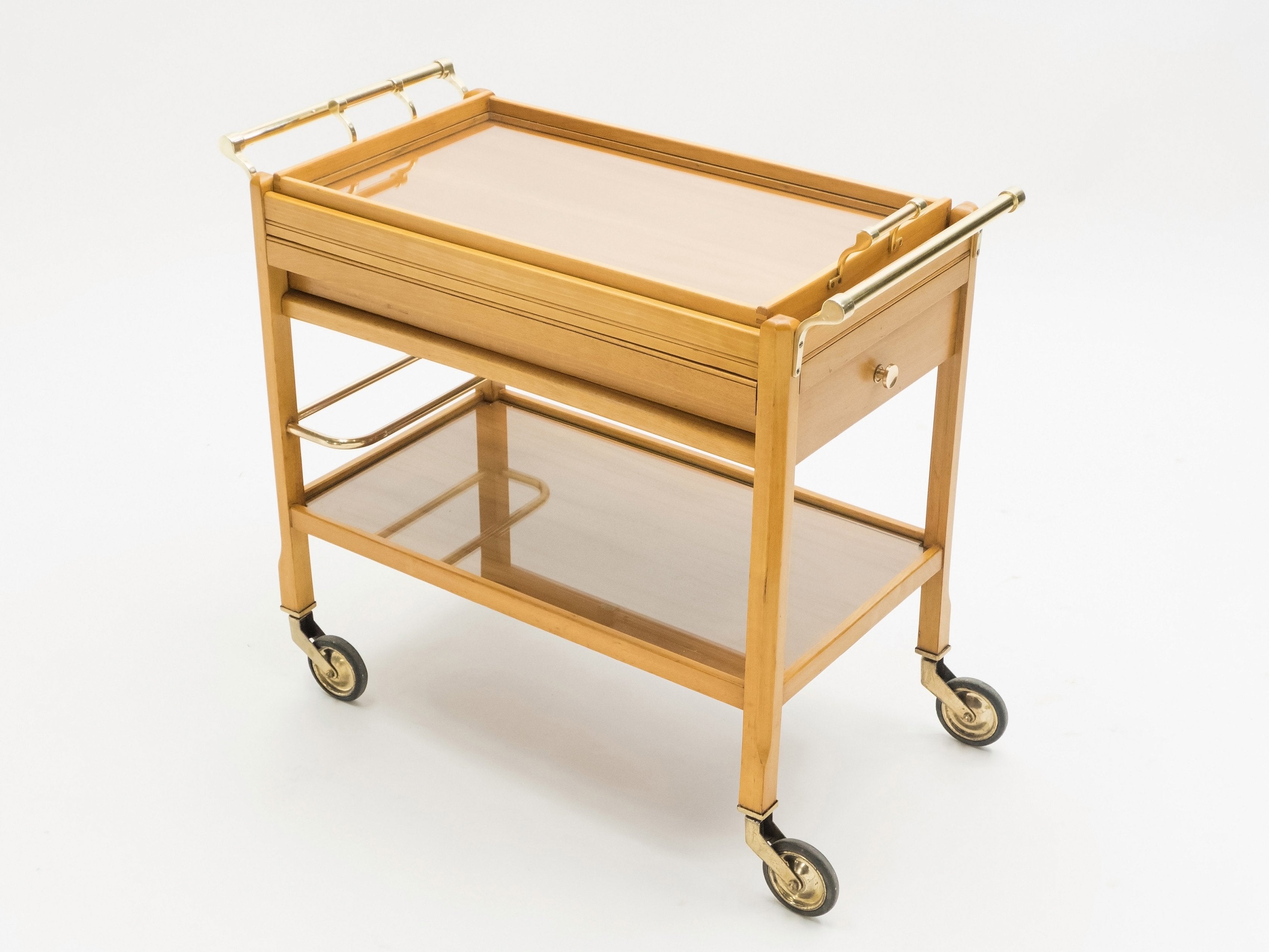 Rare Jacques Adnet art deco beechwood brass bar cart trolley 1940s