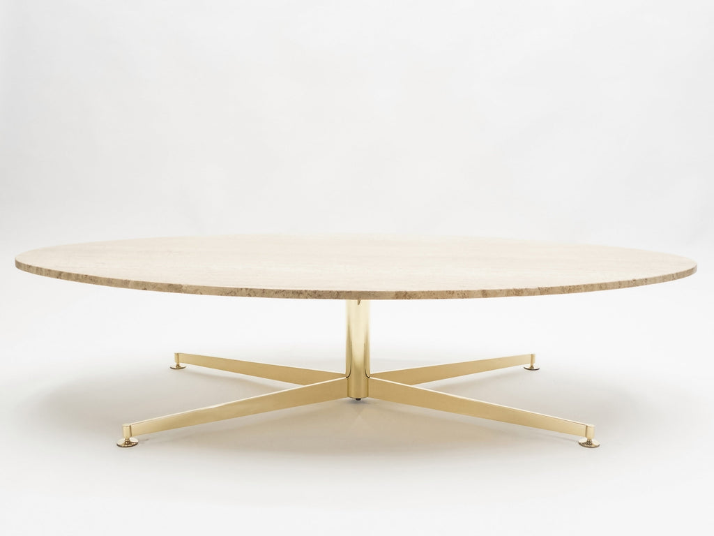 First Arflex Edition by Michel Kin Elliptical travertine brass Coffee Table 1960