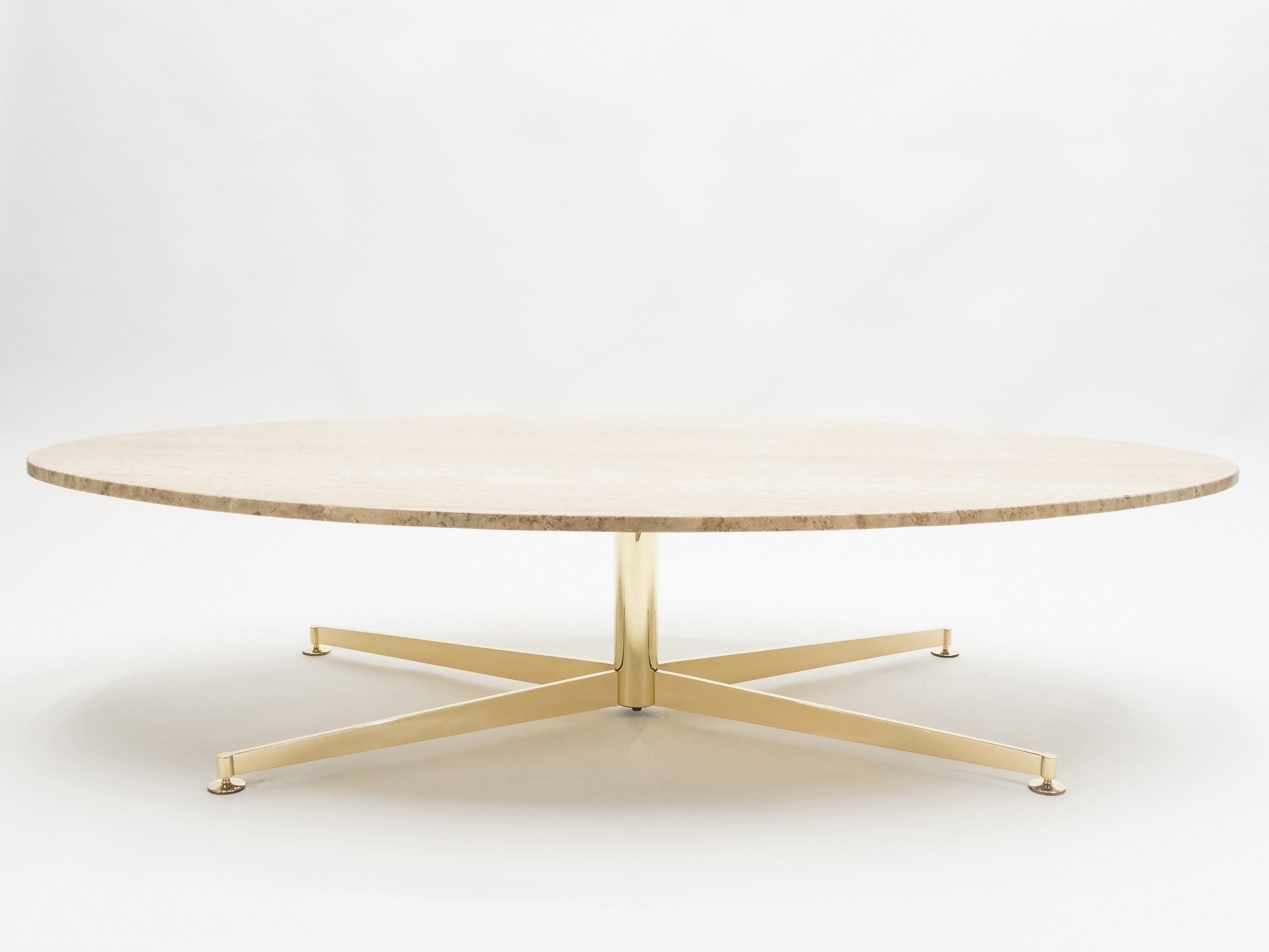 First Arflex Edition by Michel Kin Elliptical travertine brass Coffee Table 1960