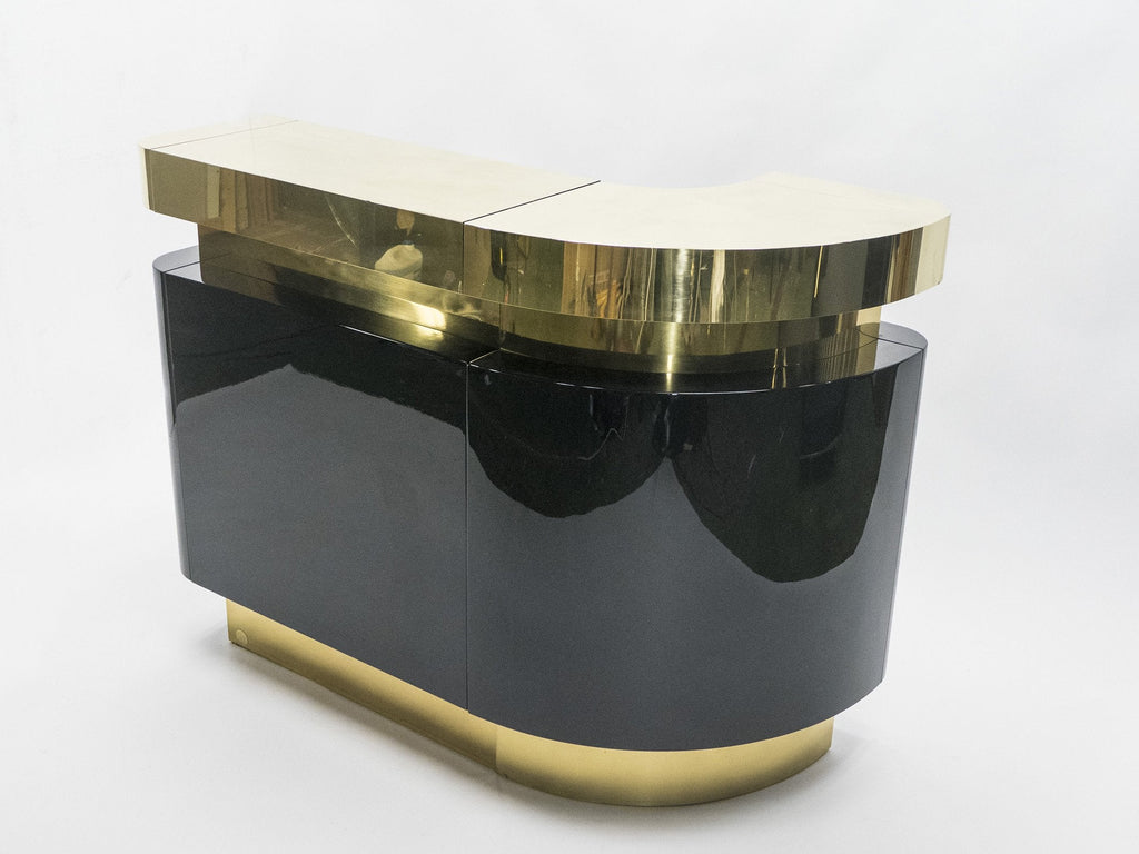 Unique French Hollywood Regency lacquer brass bar cabinet J.C. Mahey 1970s