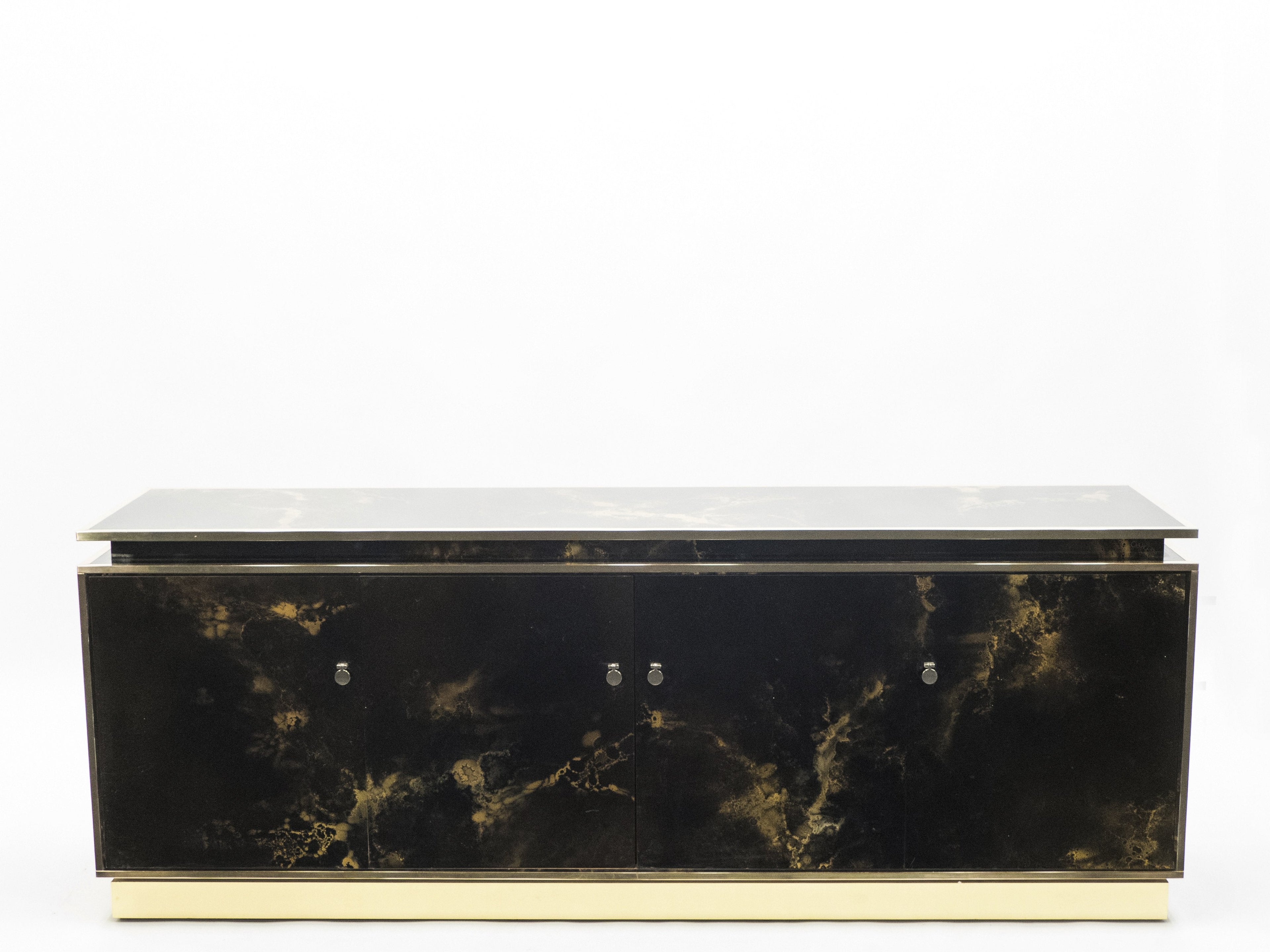 Rare golden lacquer and brass Maison Jansen sideboard 1970s