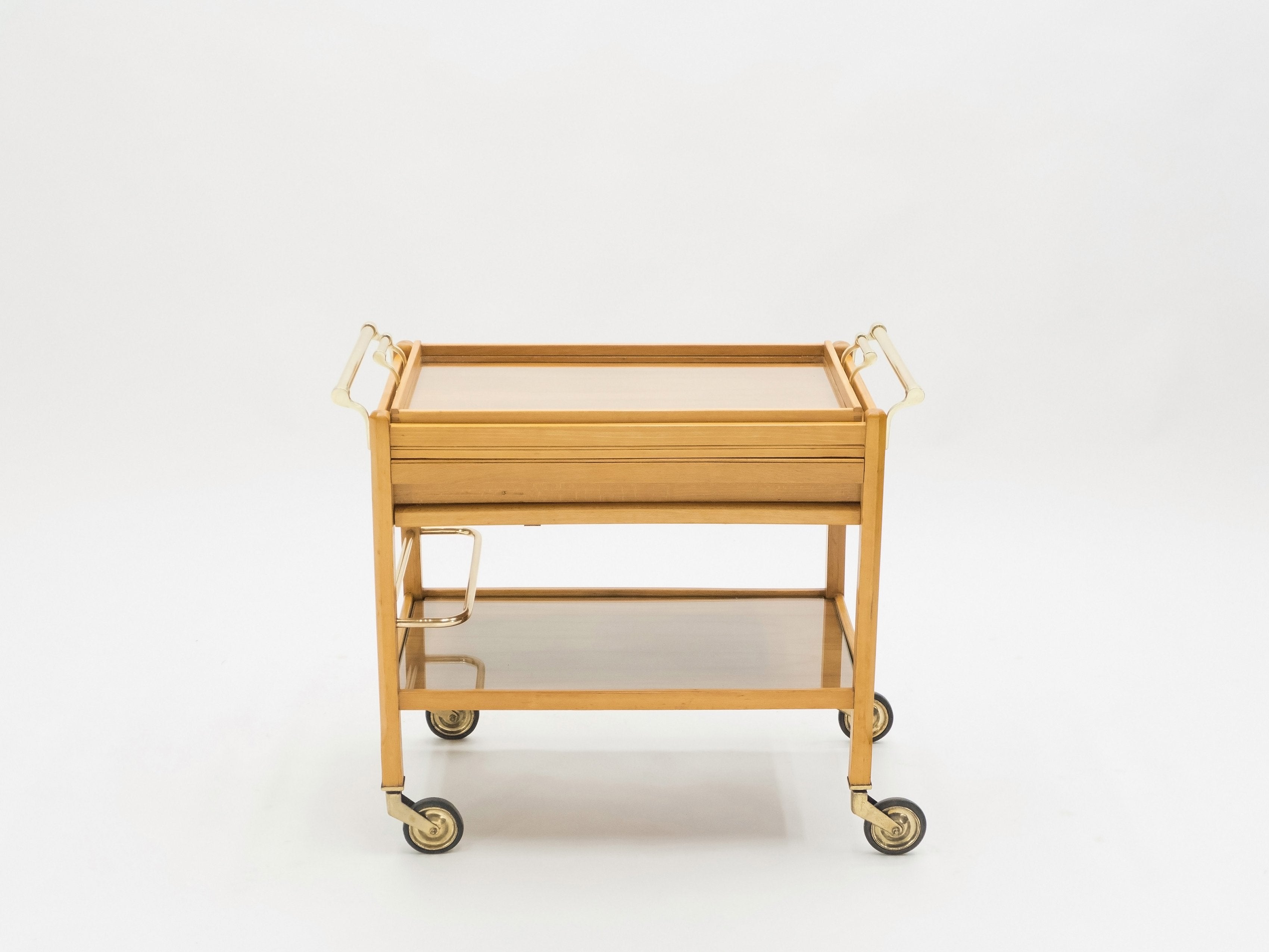 Rare Jacques Adnet art deco beechwood brass bar cart trolley 1940s