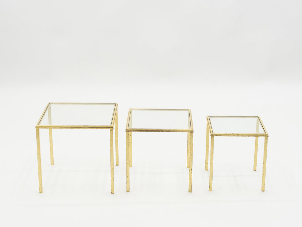 Mid-century Roger Thibier gilt wrought iron gold leaf nesting tables 1960s