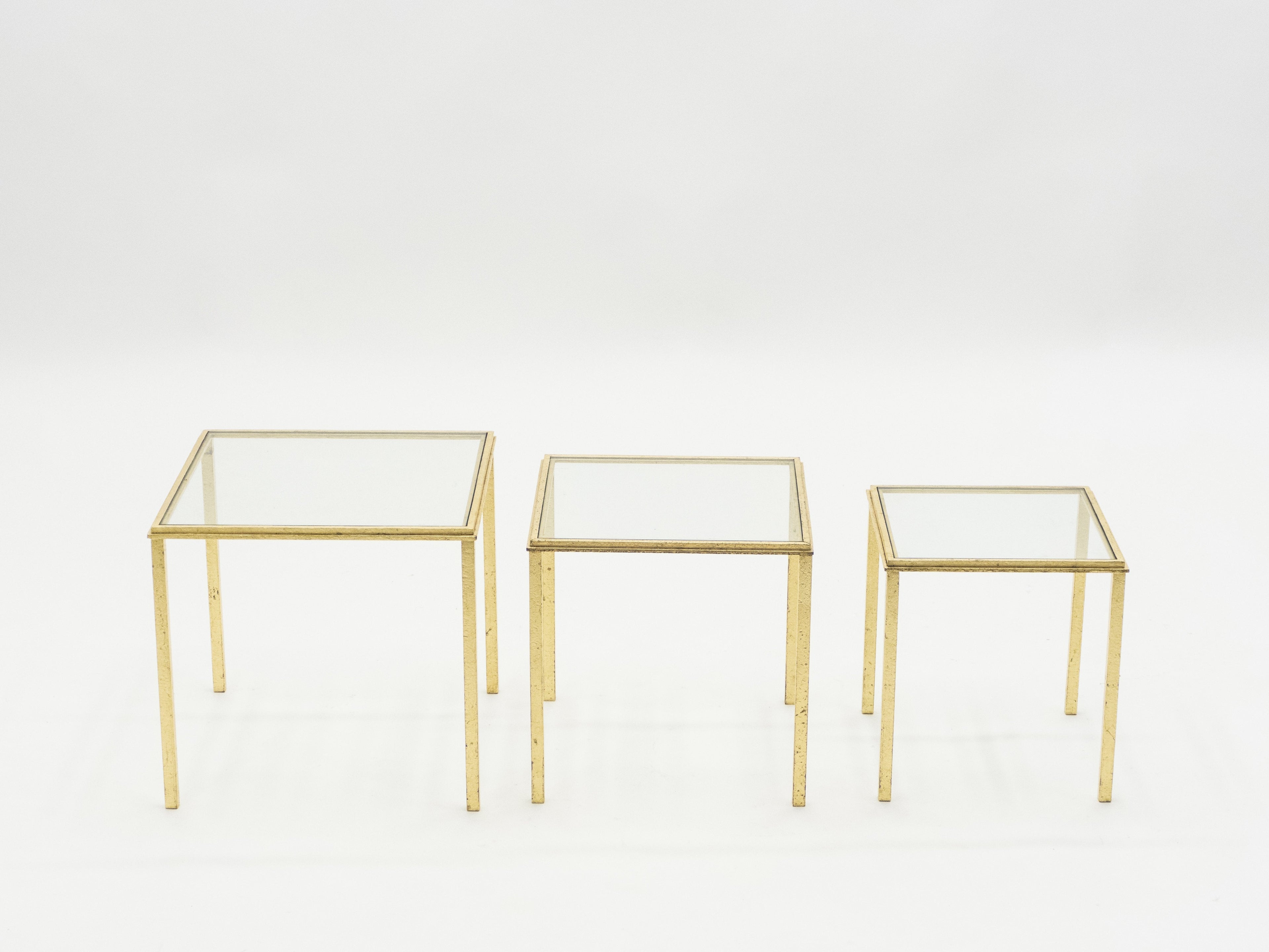 Mid-century Roger Thibier gilt wrought iron gold leaf nesting tables 1960s