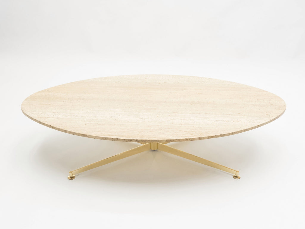 First Arflex Edition by Michel Kin Elliptical travertine brass Coffee Table 1960