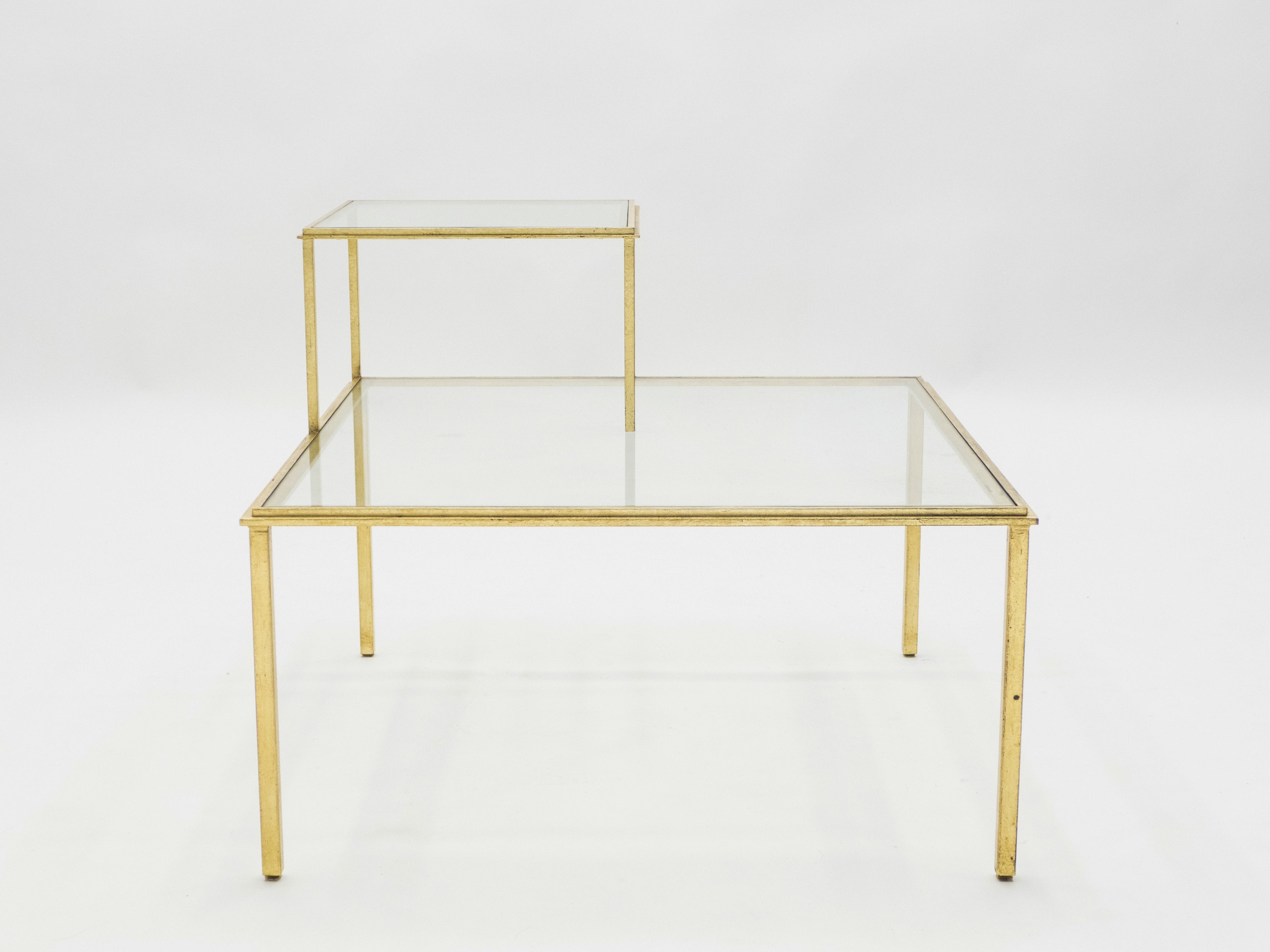 Roger Thibier gilt wrought iron glass coffee end table 1960s