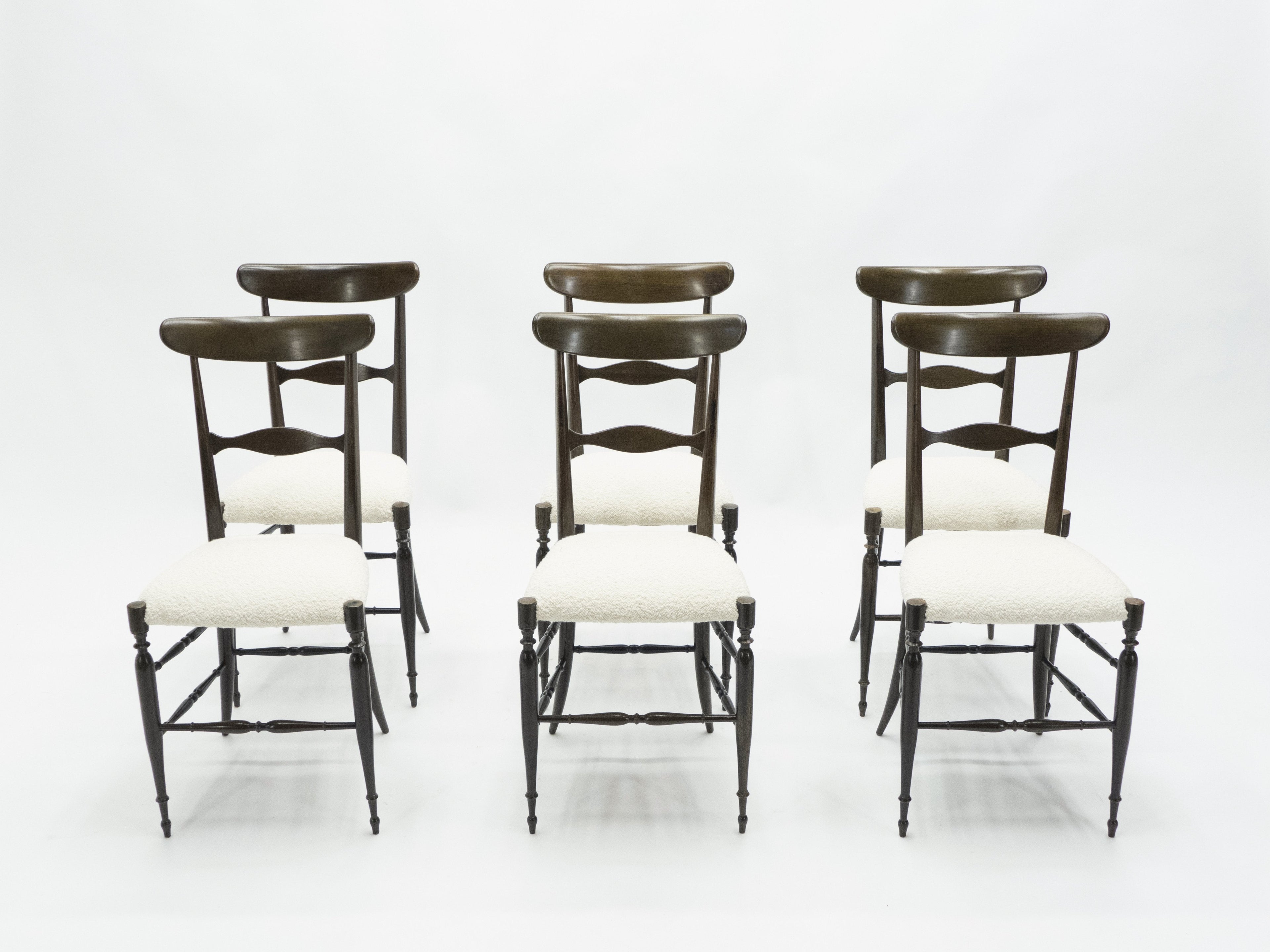 Rare set of six Campanino Chiavari walnut chairs by Fratelli Levaggi 1950