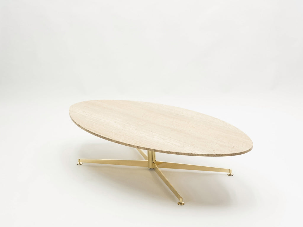 First Arflex Edition by Michel Kin Elliptical travertine brass Coffee Table 1960
