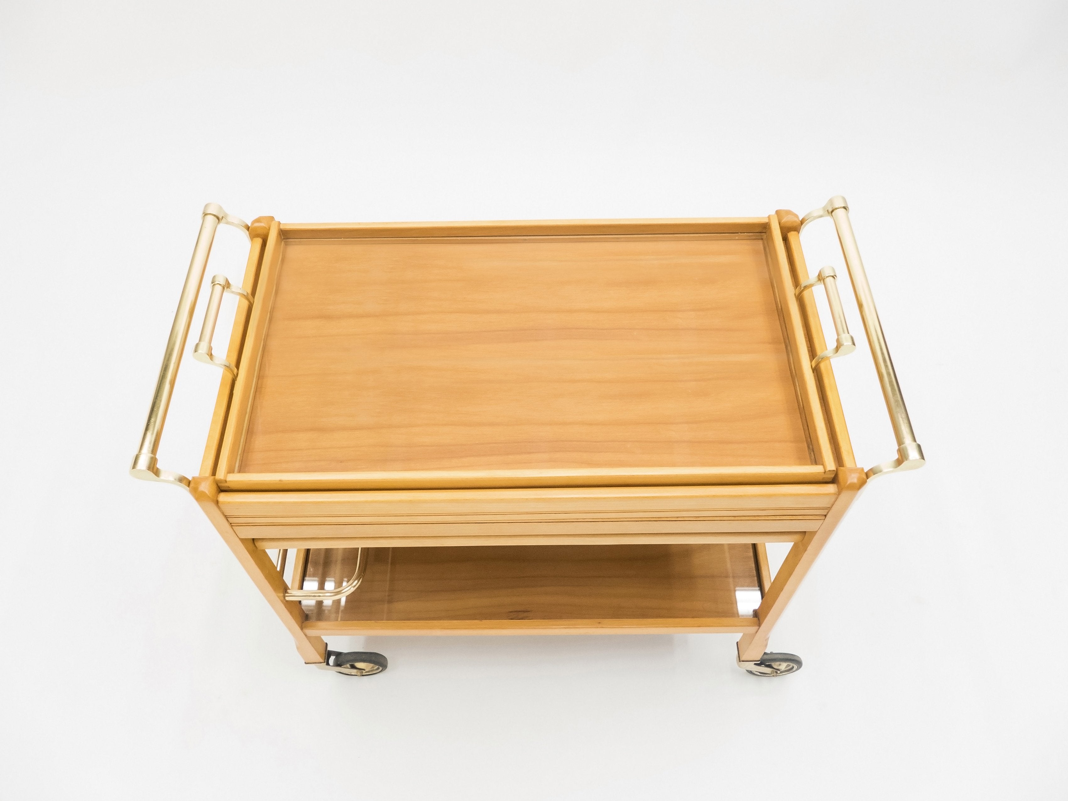 Rare Jacques Adnet art deco beechwood brass bar cart trolley 1940s