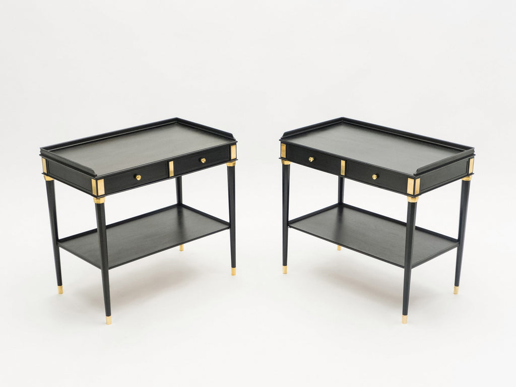 Rare Pair of stamped Maison Jansen black wood brass end tables 1950s