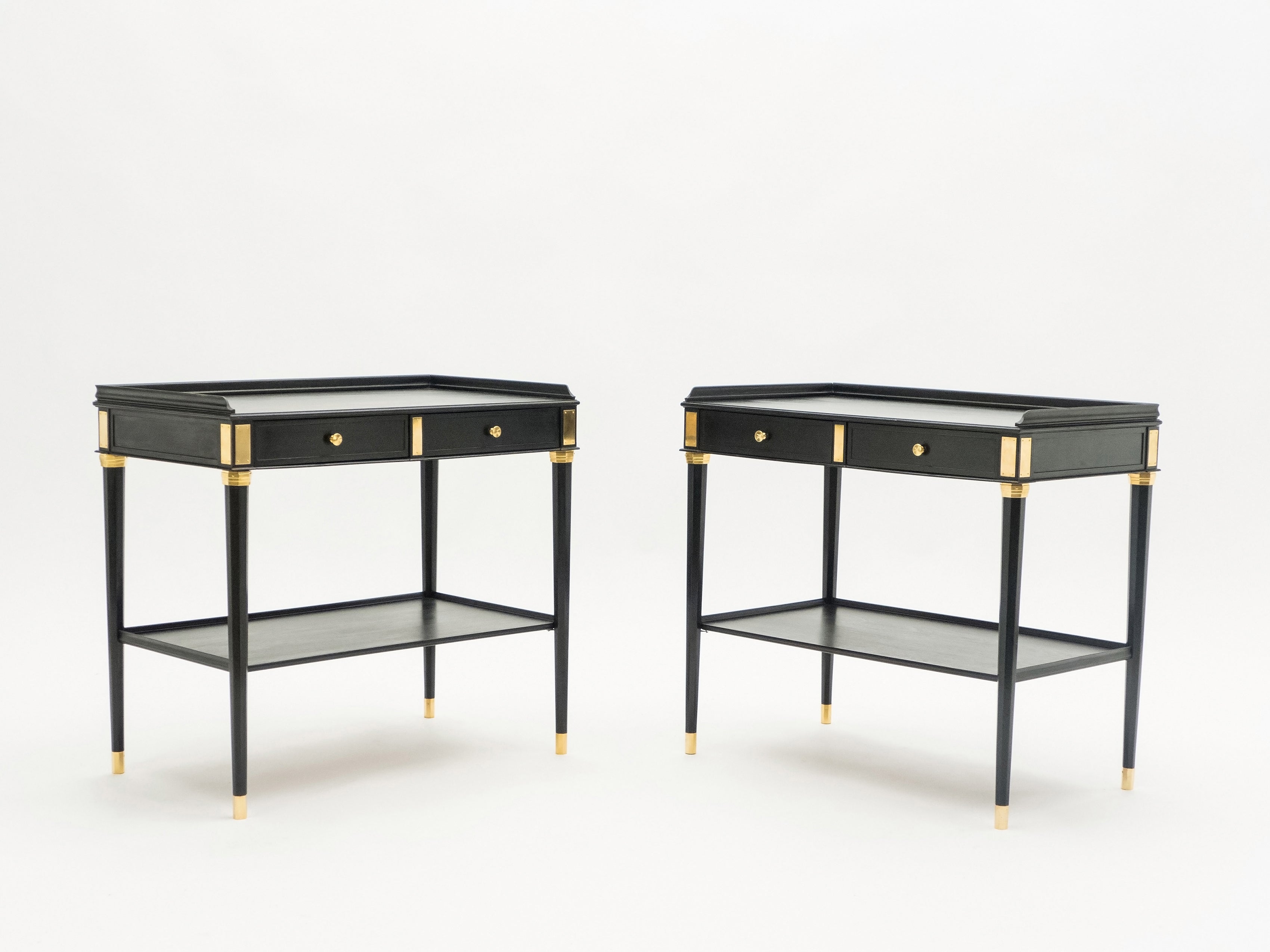 Rare Pair of stamped Maison Jansen black wood brass end tables 1950s