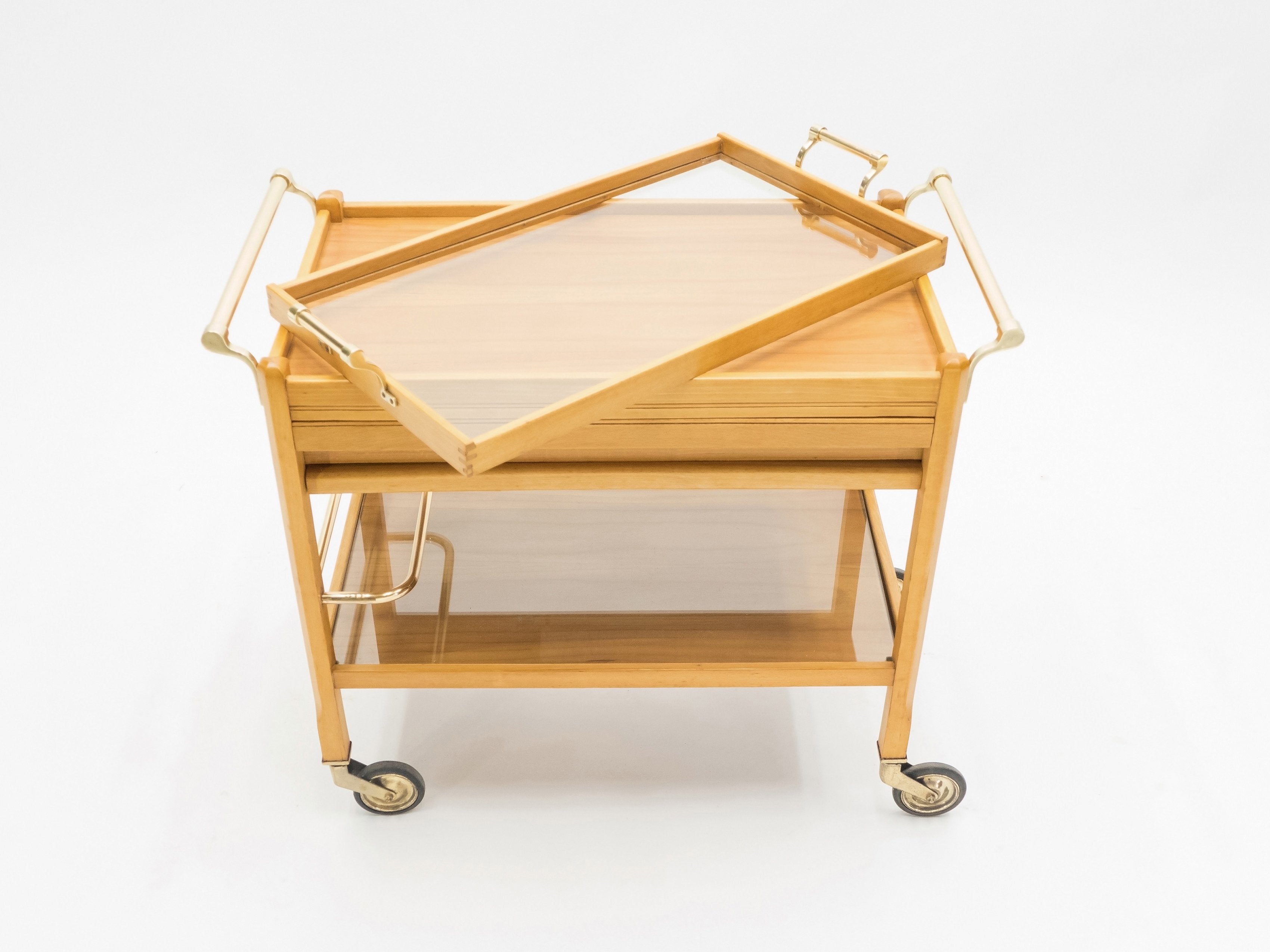 Rare Jacques Adnet art deco beechwood brass bar cart trolley 1940s