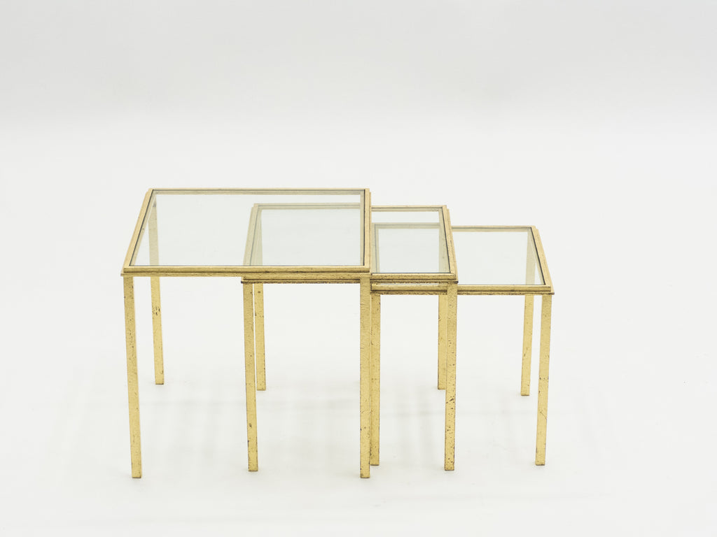 Mid-century Roger Thibier gilt wrought iron gold leaf nesting tables 1960s