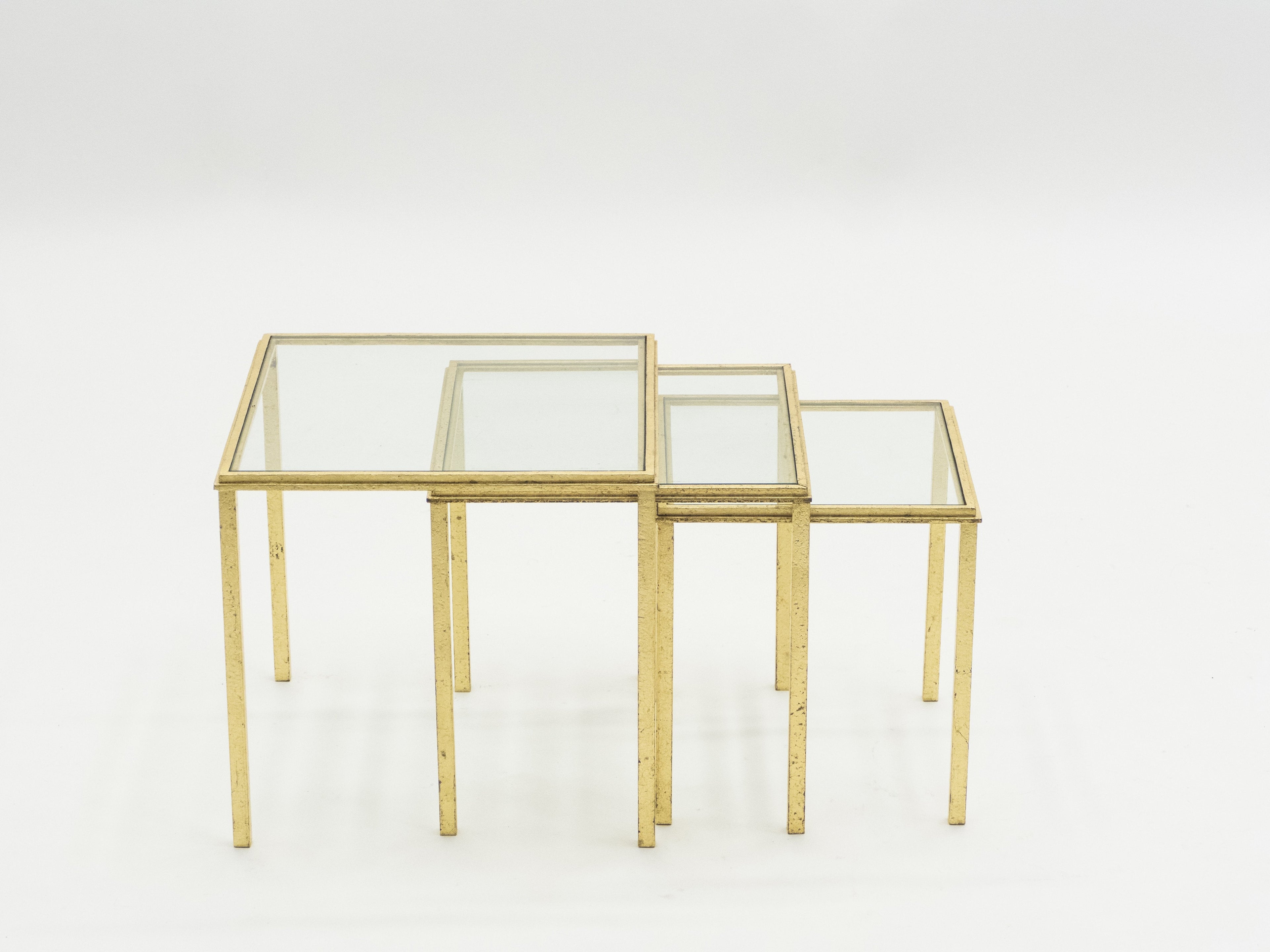 Mid-century Roger Thibier gilt wrought iron gold leaf nesting tables 1960s