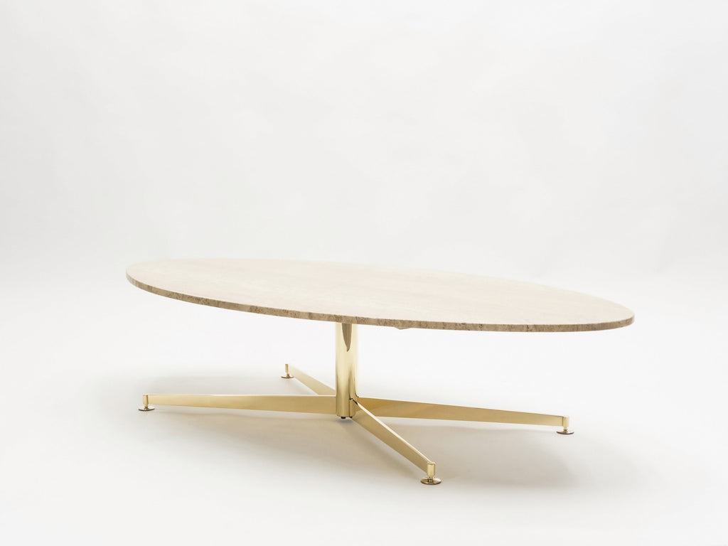 First Arflex Edition by Michel Kin Elliptical travertine brass Coffee Table 1960