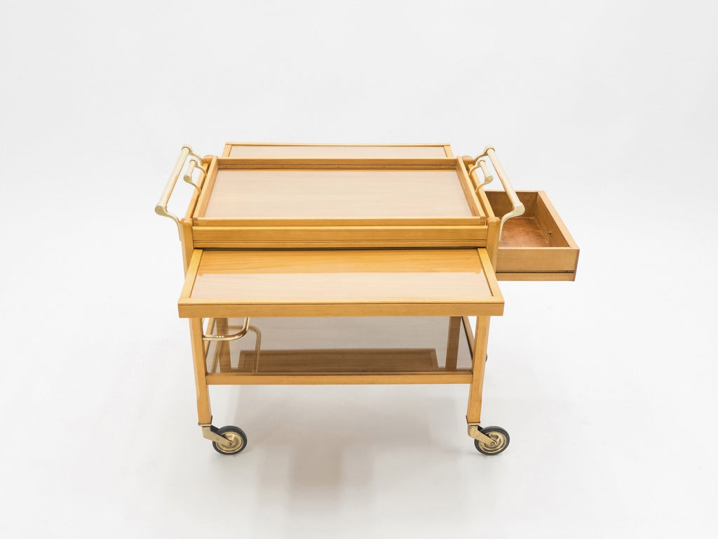 Rare Jacques Adnet art deco beechwood brass bar cart trolley 1940s