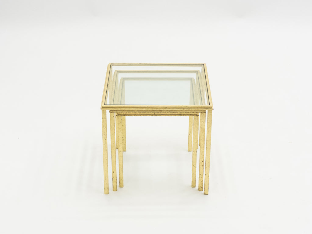 Mid-century Roger Thibier gilt wrought iron gold leaf nesting tables 1960s