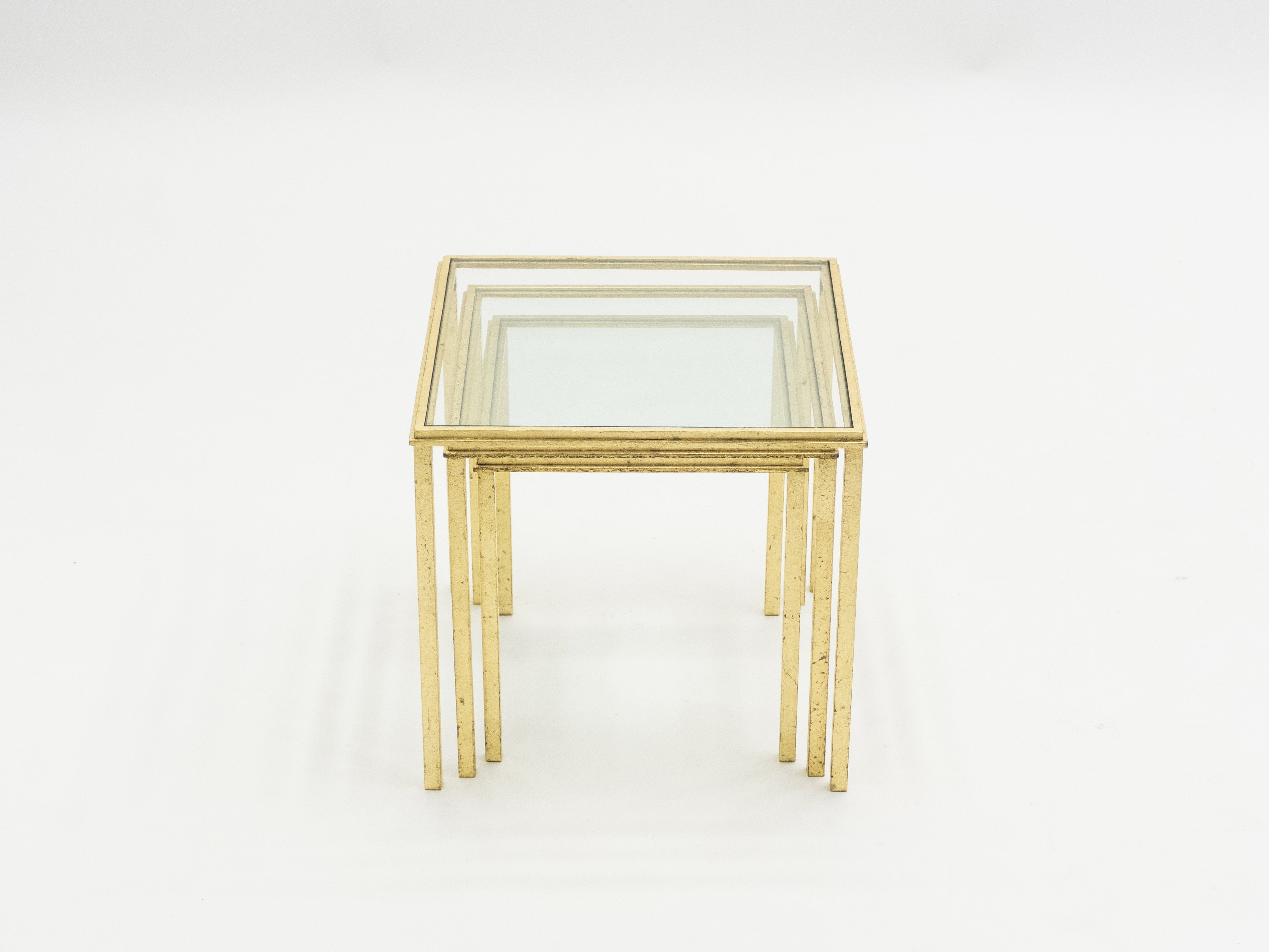 Mid-century Roger Thibier gilt wrought iron gold leaf nesting tables 1960s