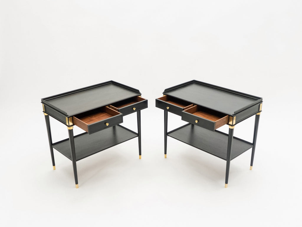 Rare Pair of stamped Maison Jansen black wood brass end tables 1950s