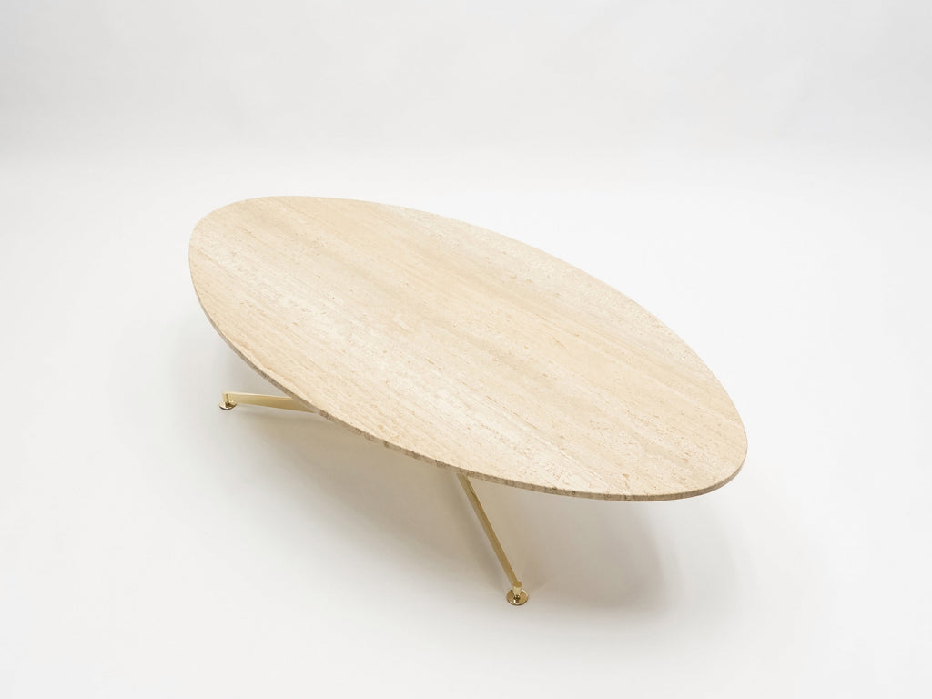 First Arflex Edition by Michel Kin Elliptical travertine brass Coffee Table 1960