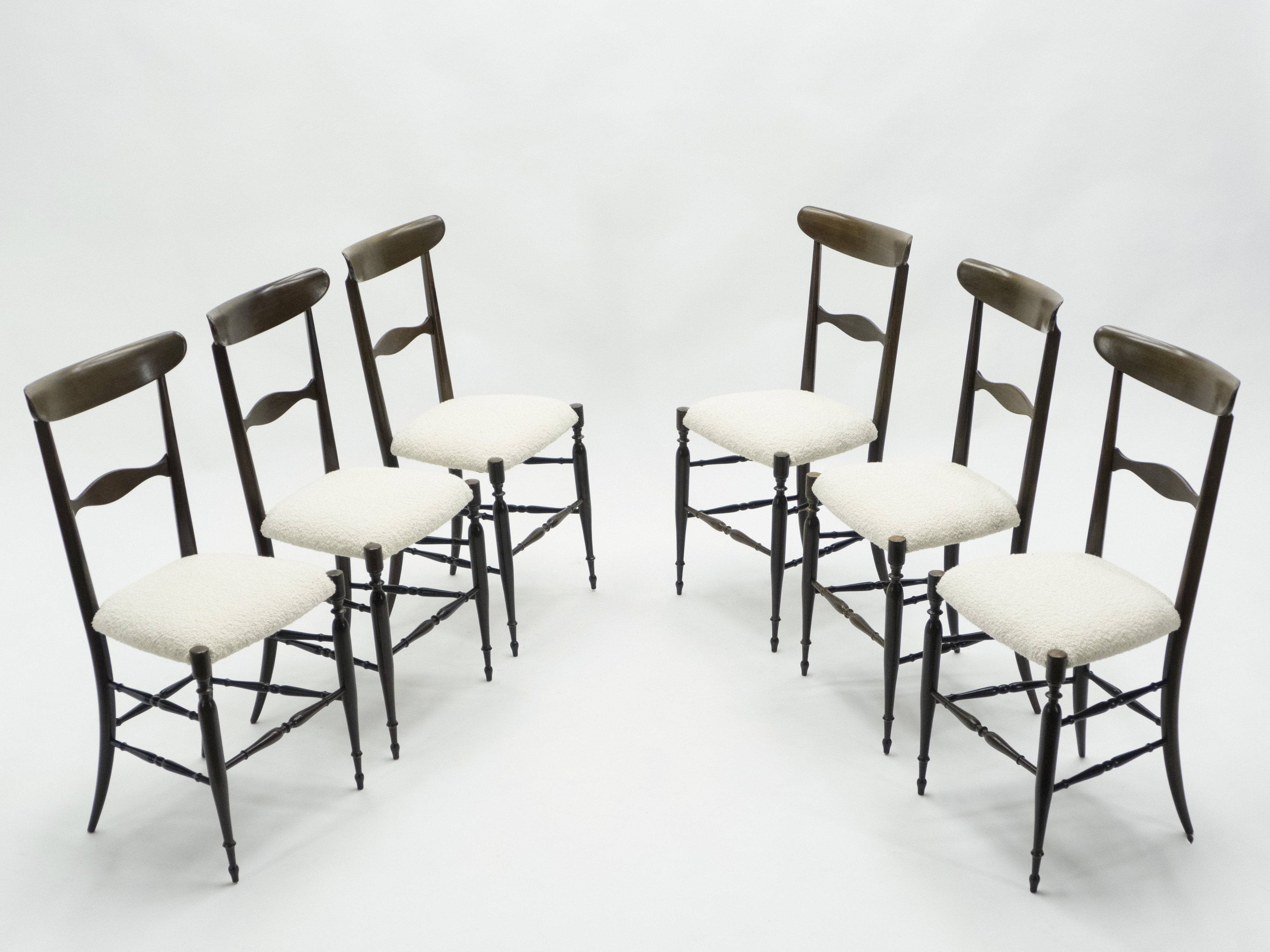 Rare set of six Campanino Chiavari walnut chairs by Fratelli Levaggi 1950