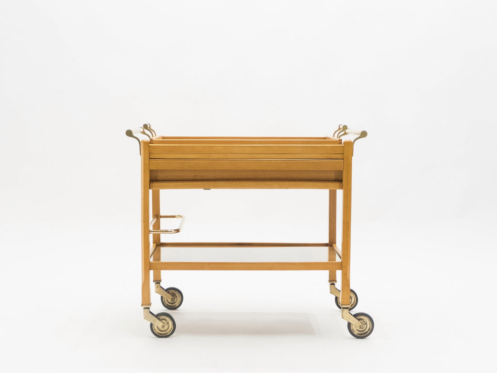 Rare Jacques Adnet art deco beechwood brass bar cart trolley 1940s