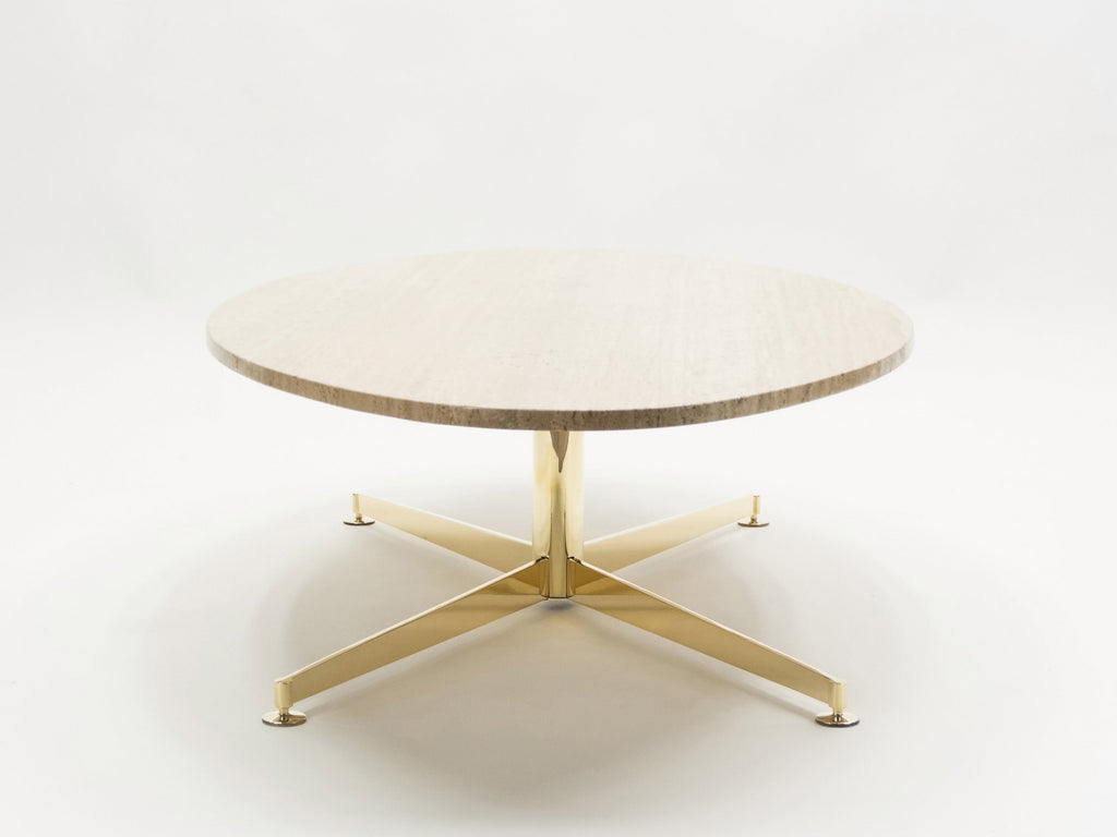First Arflex Edition by Michel Kin Elliptical travertine brass Coffee Table 1960