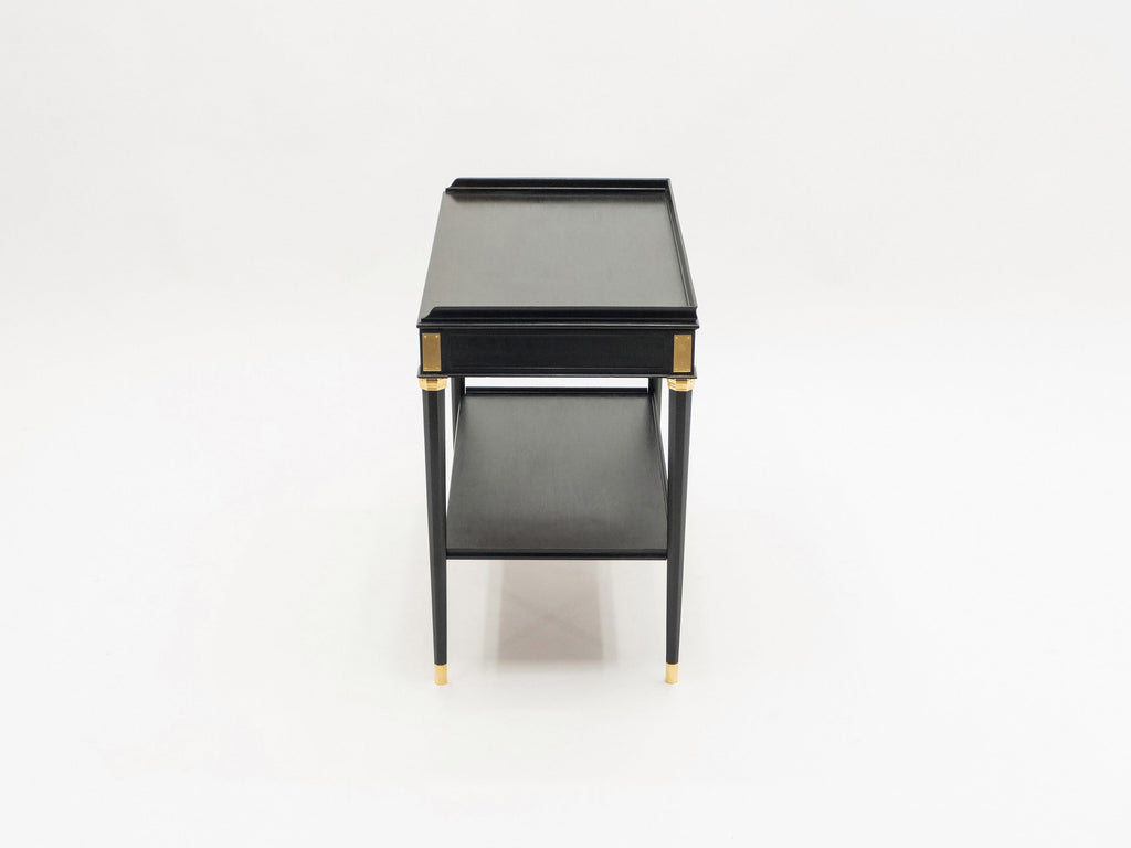 Rare Pair of stamped Maison Jansen black wood brass end tables 1950s