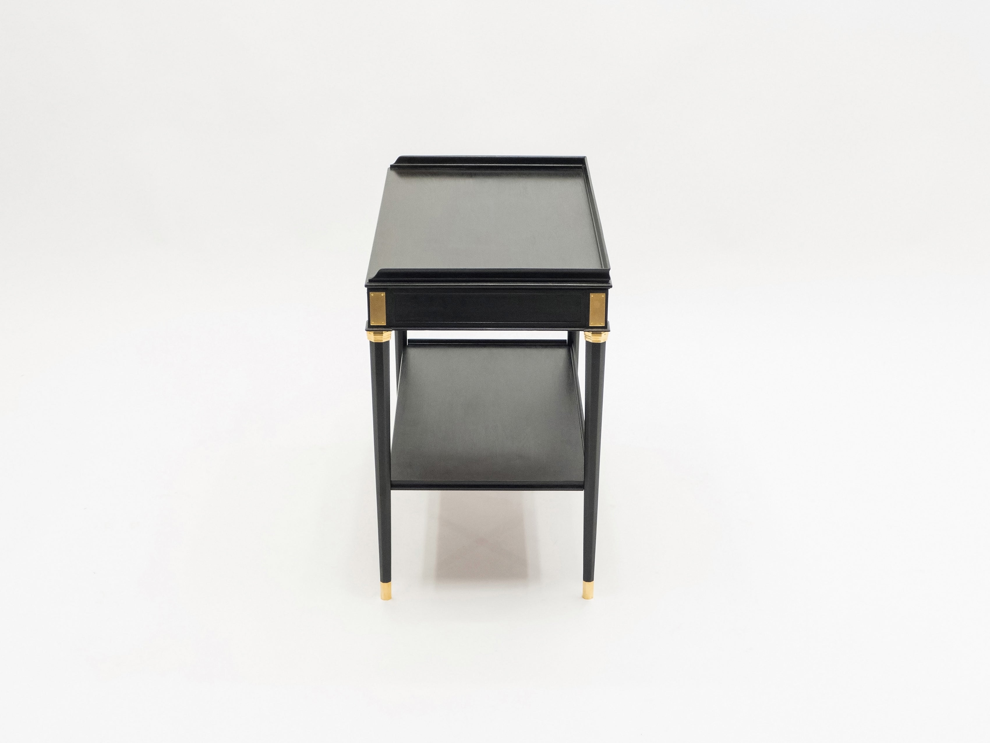 Rare Pair of stamped Maison Jansen black wood brass end tables 1950s