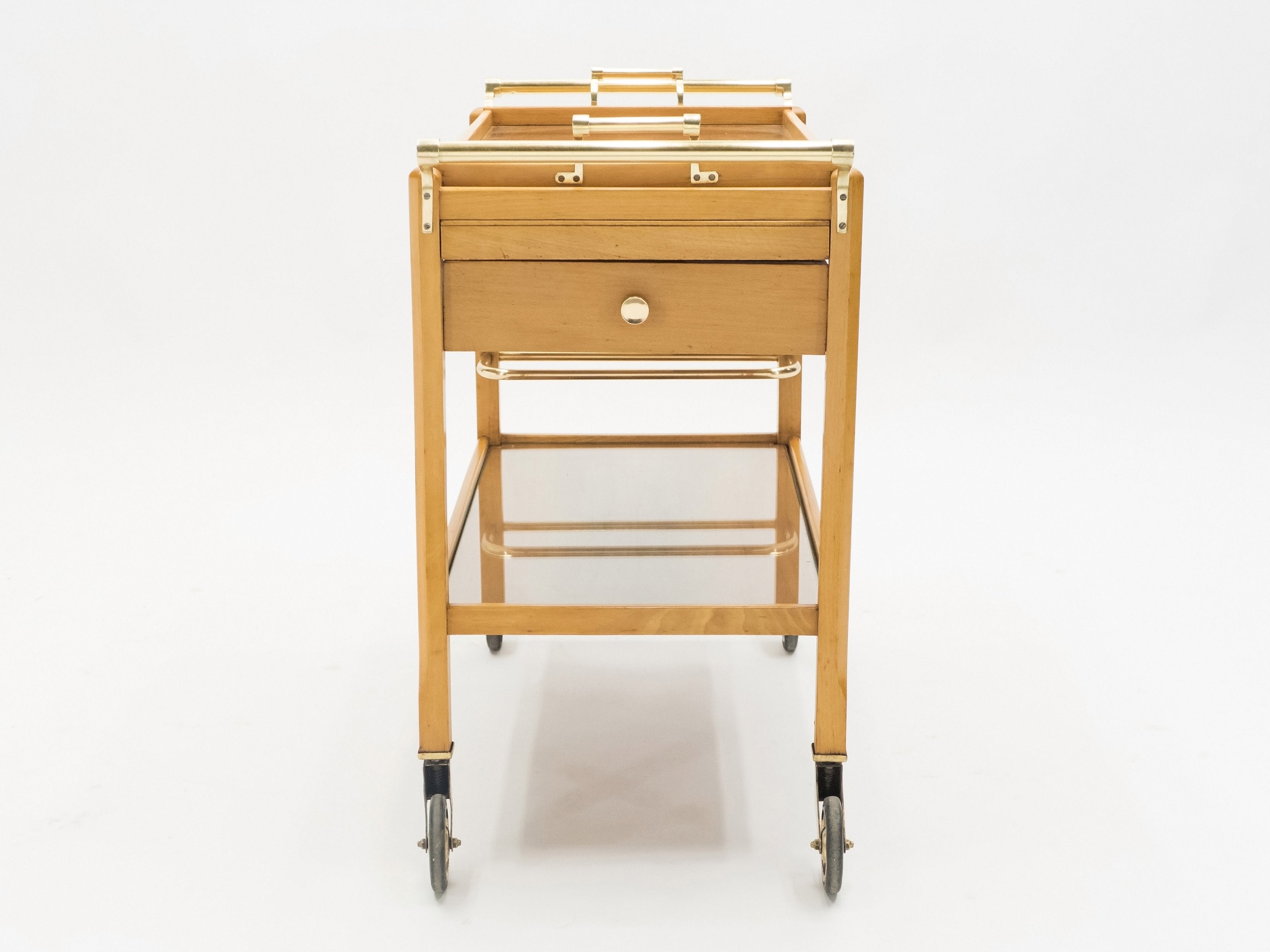 Rare Jacques Adnet art deco beechwood brass bar cart trolley 1940s