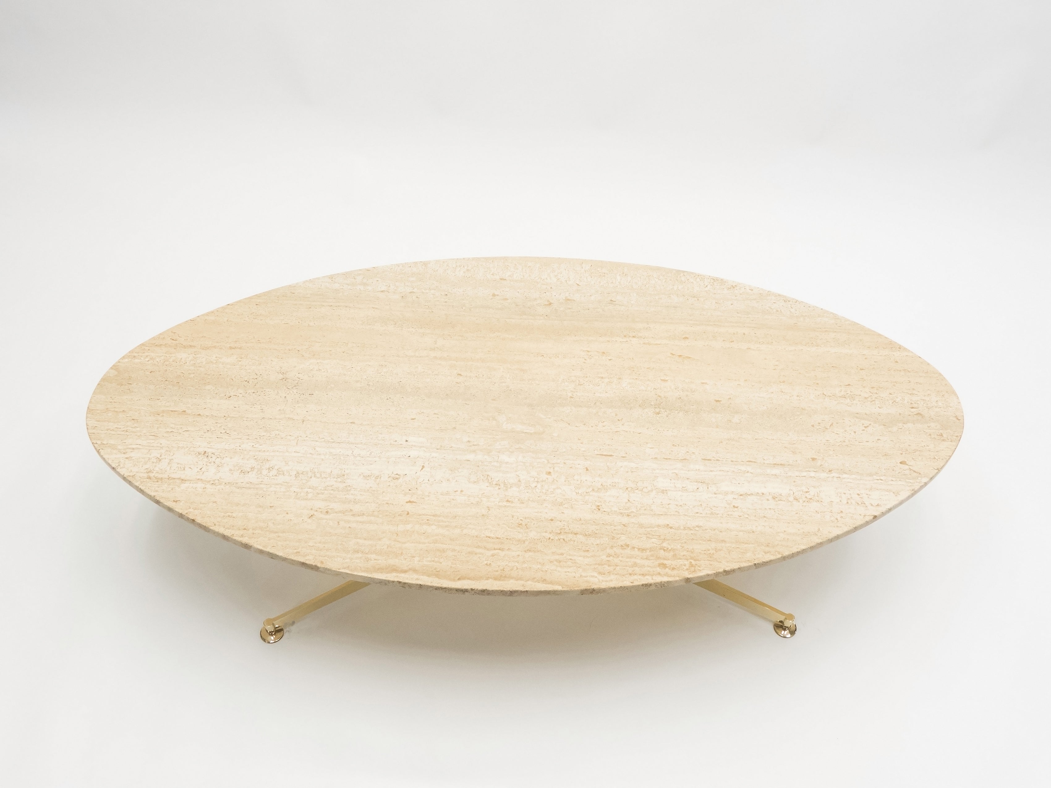 First Arflex Edition by Michel Kin Elliptical travertine brass Coffee Table 1960