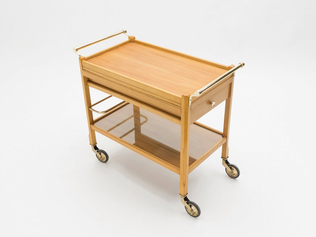 Rare Jacques Adnet art deco beechwood brass bar cart trolley 1940s