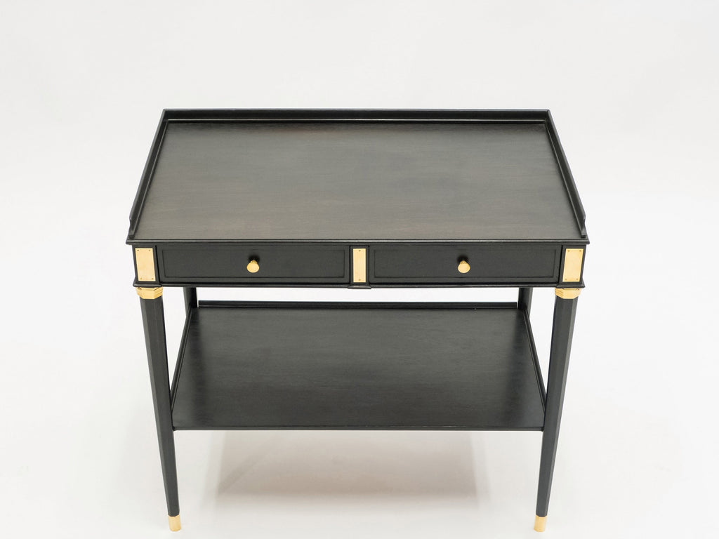 Rare Pair of stamped Maison Jansen black wood brass end tables 1950s